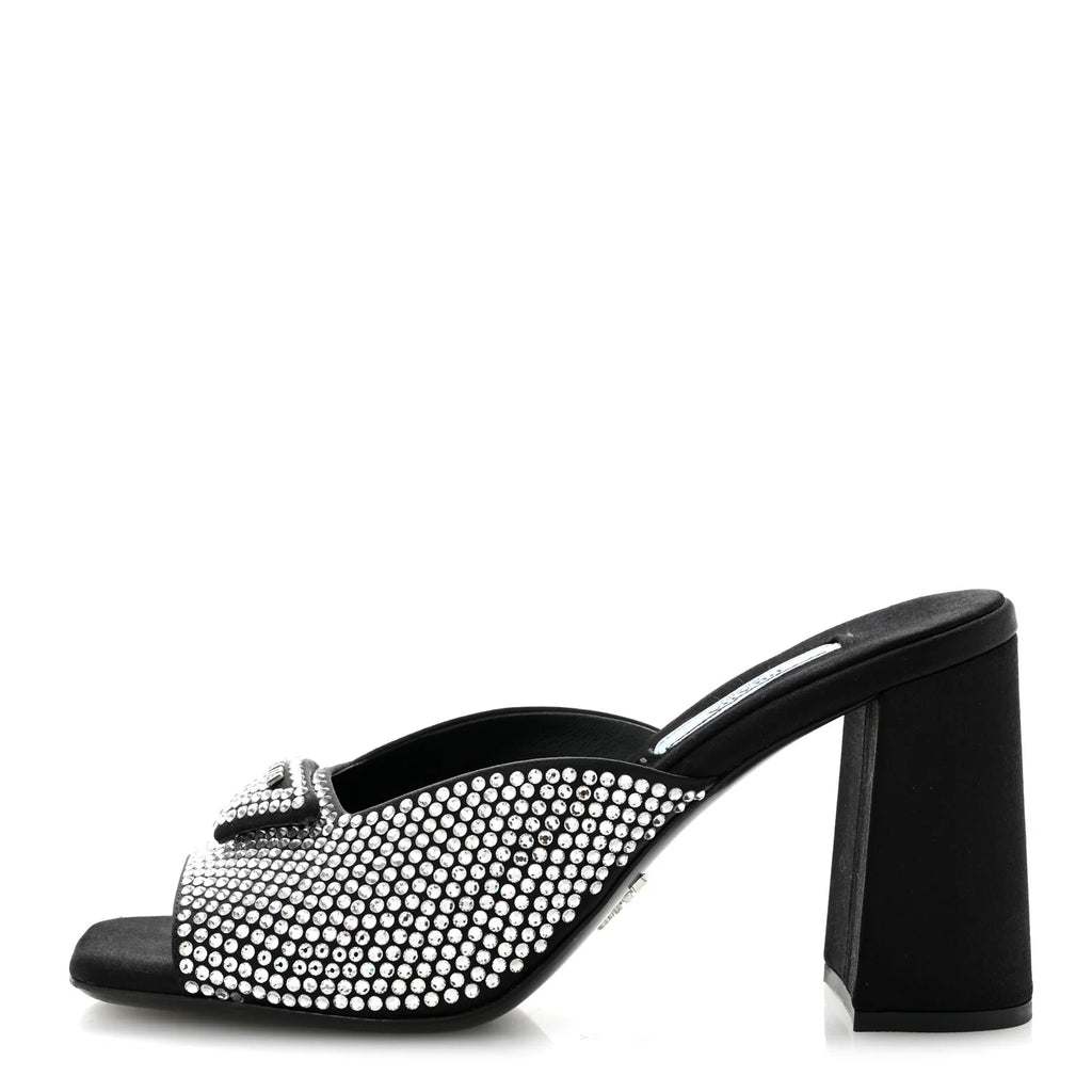Prada Black Crystal Satin Mules