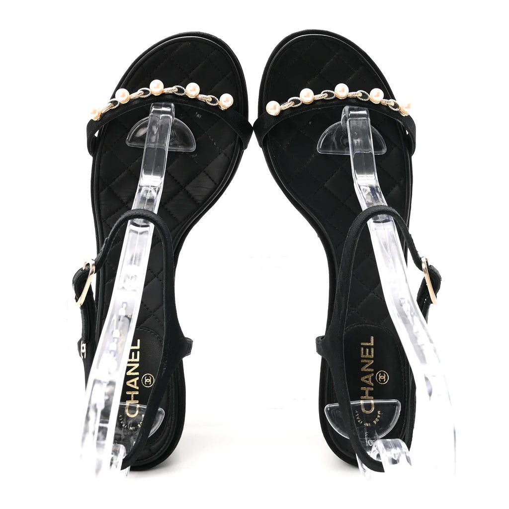 Chanel Black Grosgrain Pearl Sandals