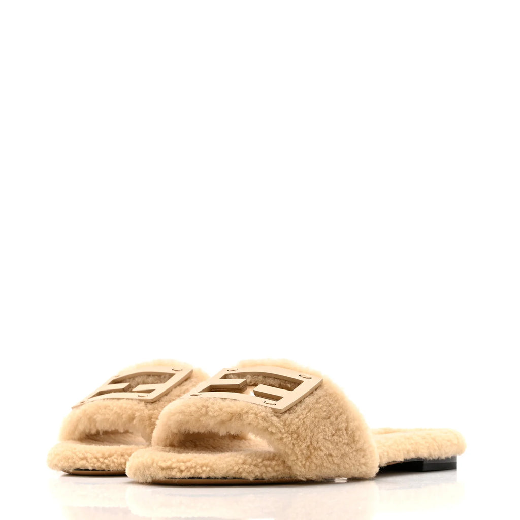 Fendi Beige Shearling Logo Slides