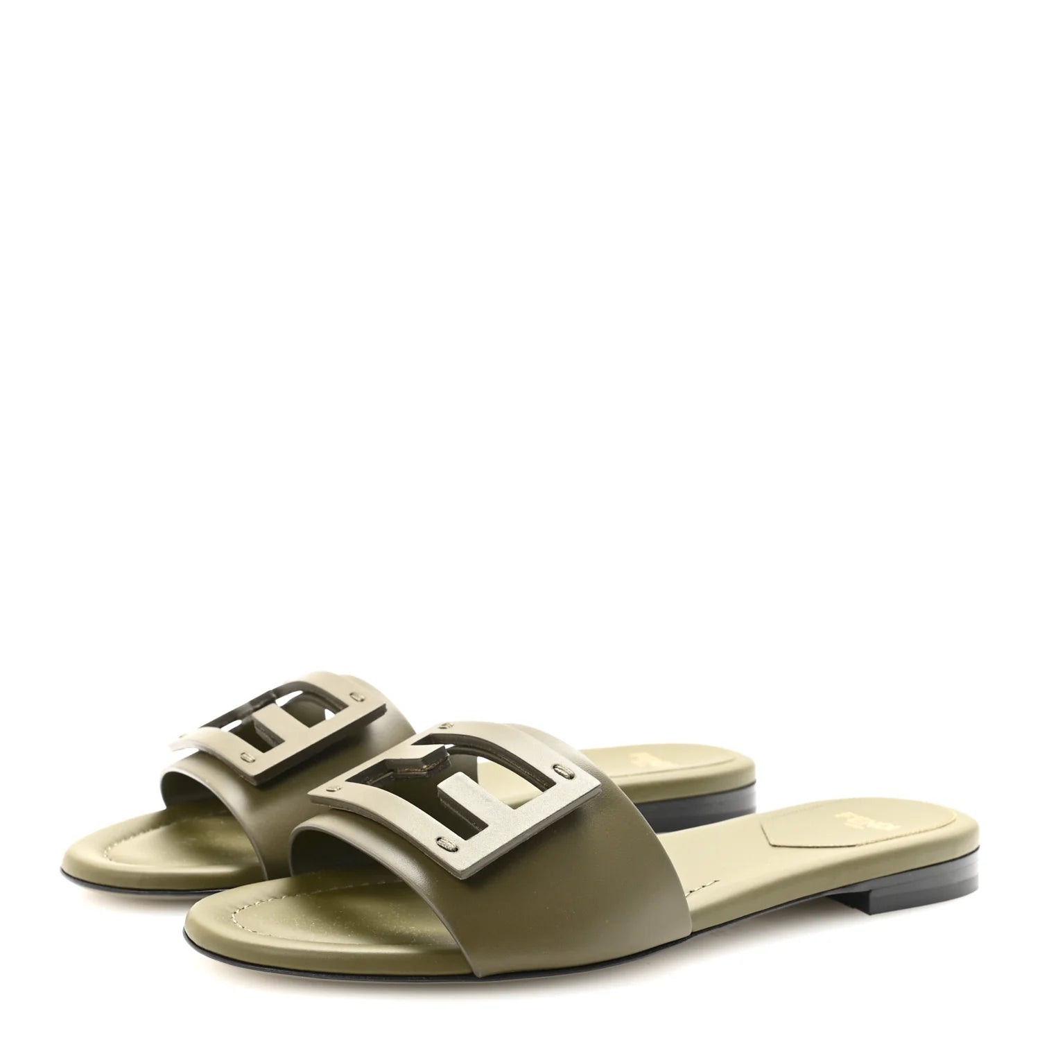 Fendi Olive Leather Logo Slides