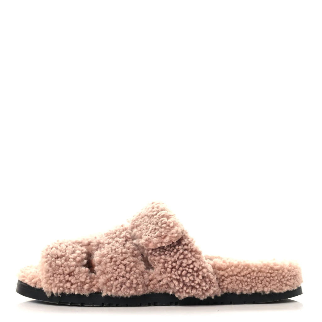 Hermes Pink Shearling Oran Sandals