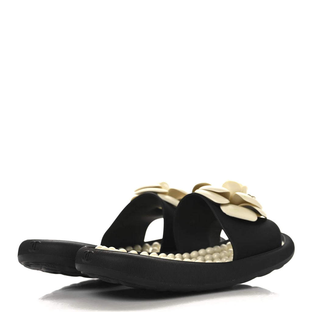 Chanel Black Camellia Flower Slides