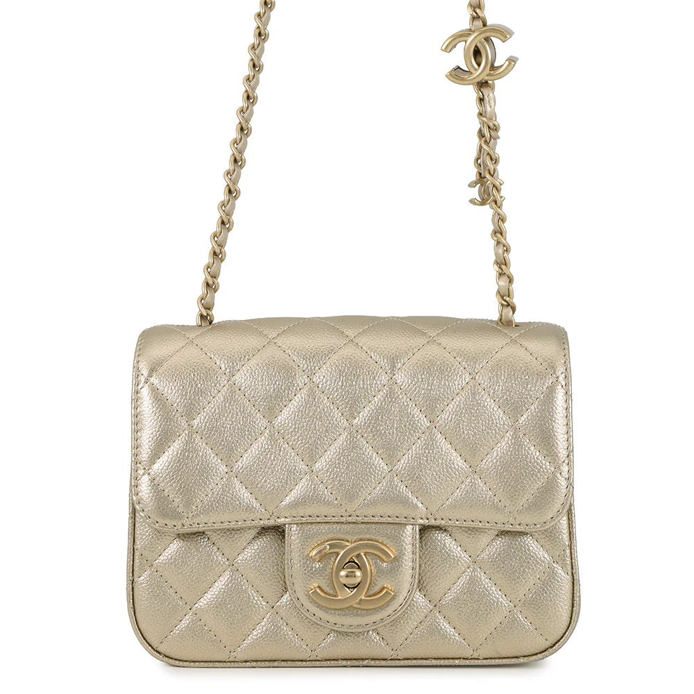 Chanel Metallic Gold Quilted Grained Calfskin Mini Flap Bag