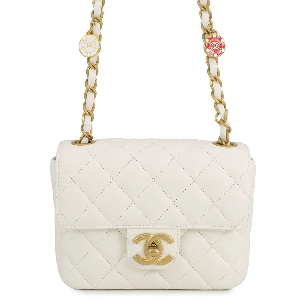 Chanel White Quilted Lambskin Mini Flap Bag with Casino Charms