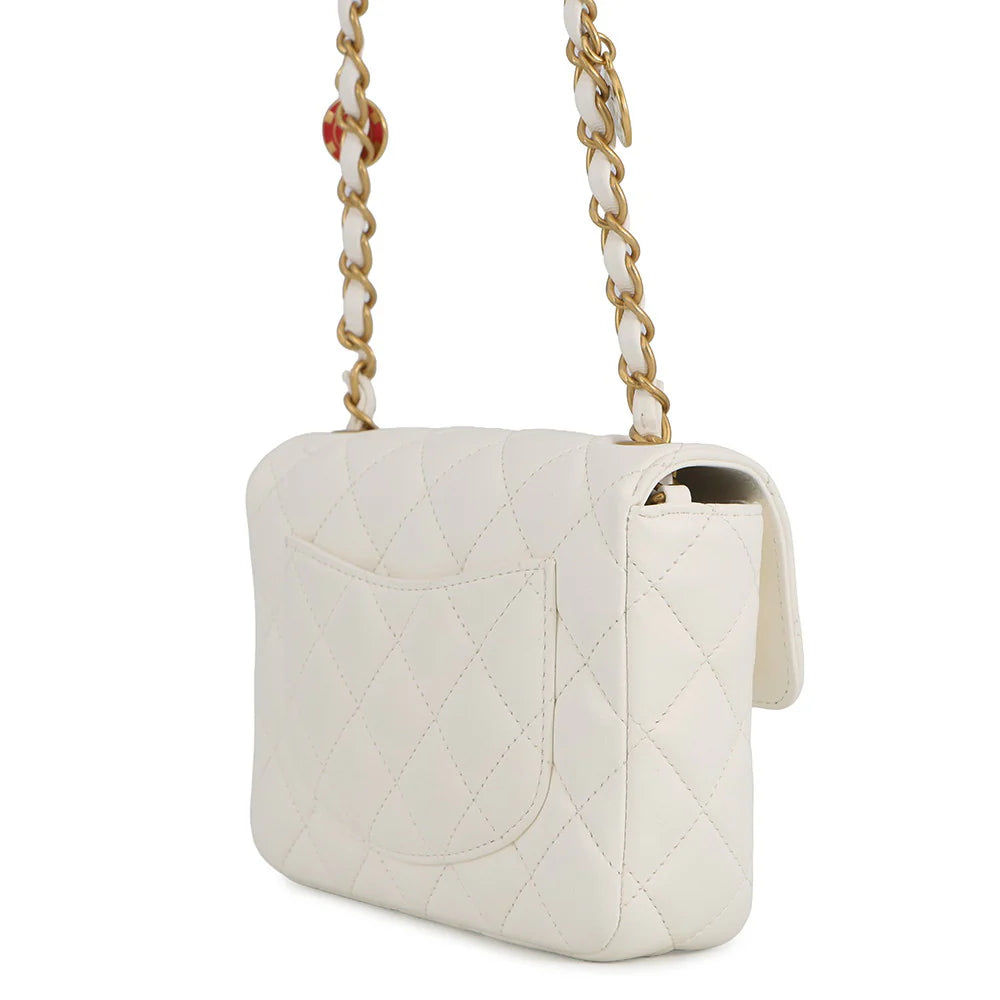 Chanel White Quilted Lambskin Mini Flap Bag with Casino Charms