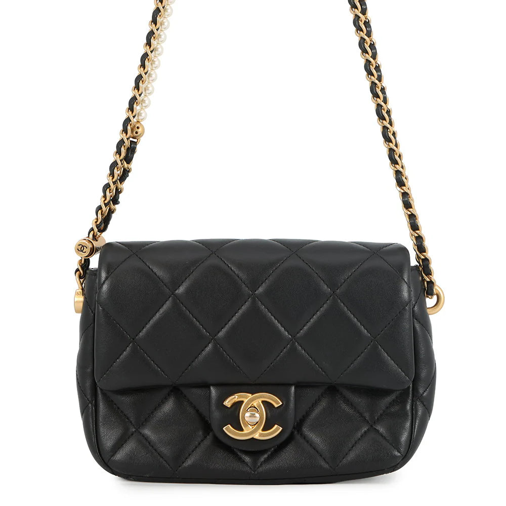 Chanel Black Quilted Lambskin Mini Flap Bag with Pearl Chain
