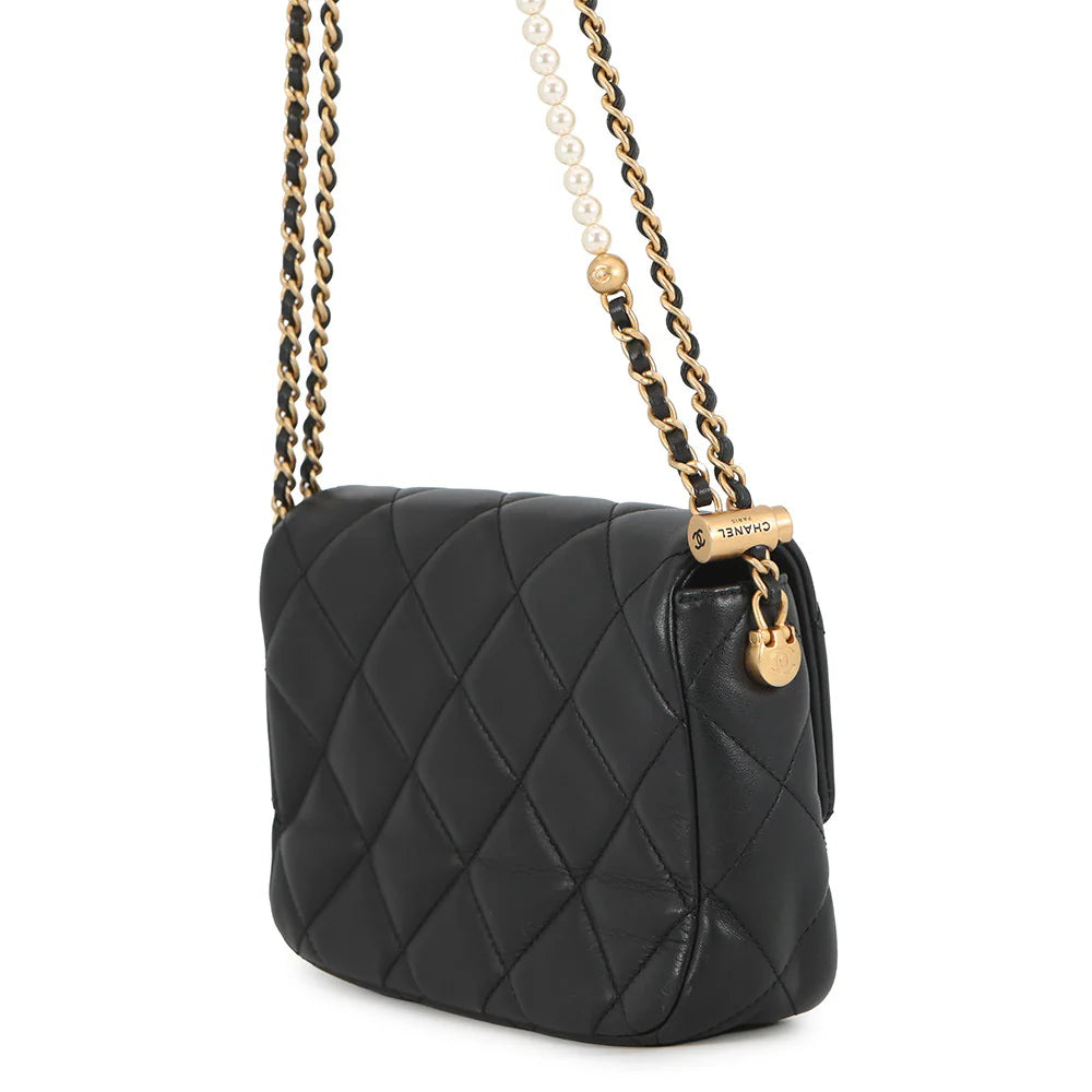 Chanel Black Quilted Lambskin Mini Flap Bag with Pearl Chain