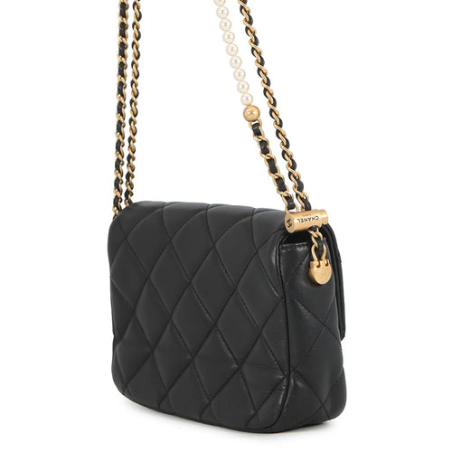 Chanel Black Quilted Lambskin Mini Flap Bag with Pearl Chain