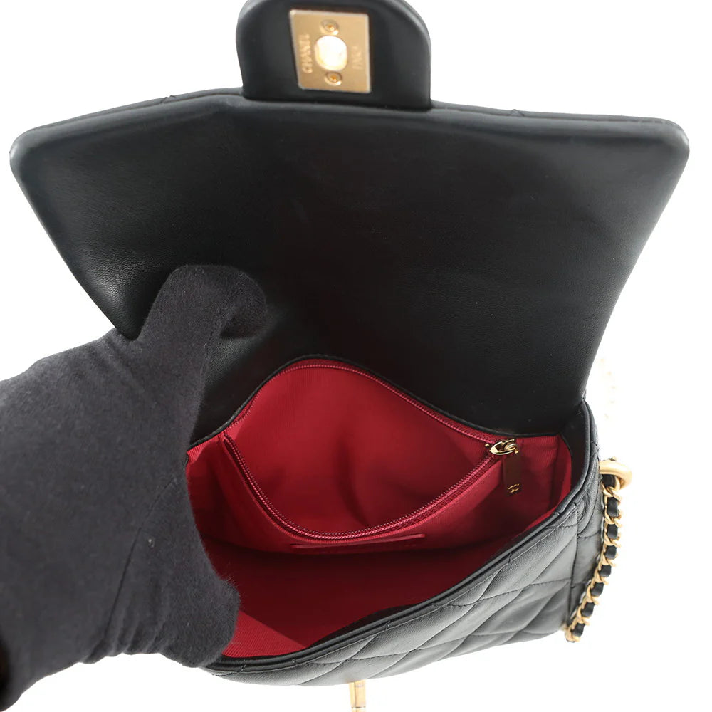 Chanel Black Quilted Lambskin Mini Flap Bag with Pearl Chain