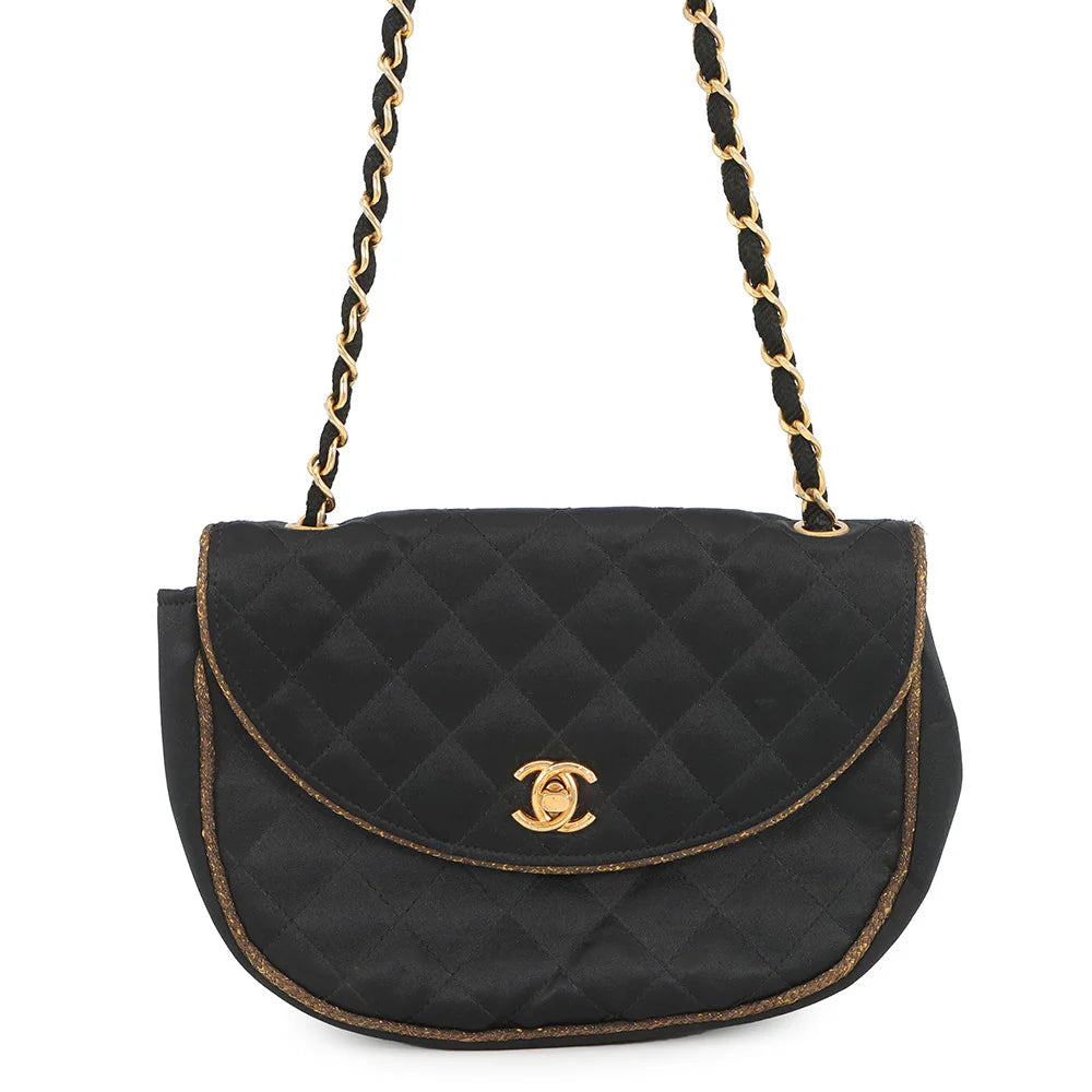 Chanel Black Quilted Satin Half Moon Flap Bag with Gold Trim