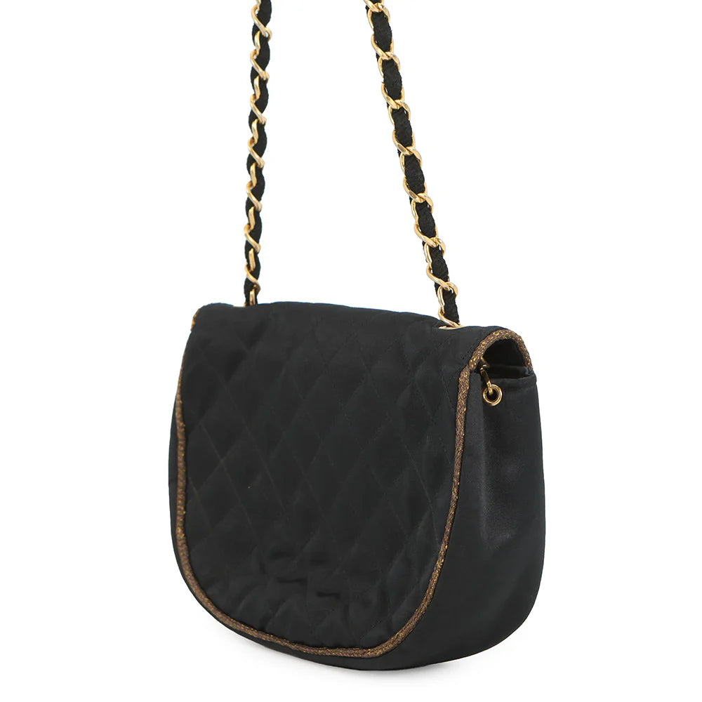 Chanel Black Quilted Satin Half Moon Flap Bag with Gold Trim