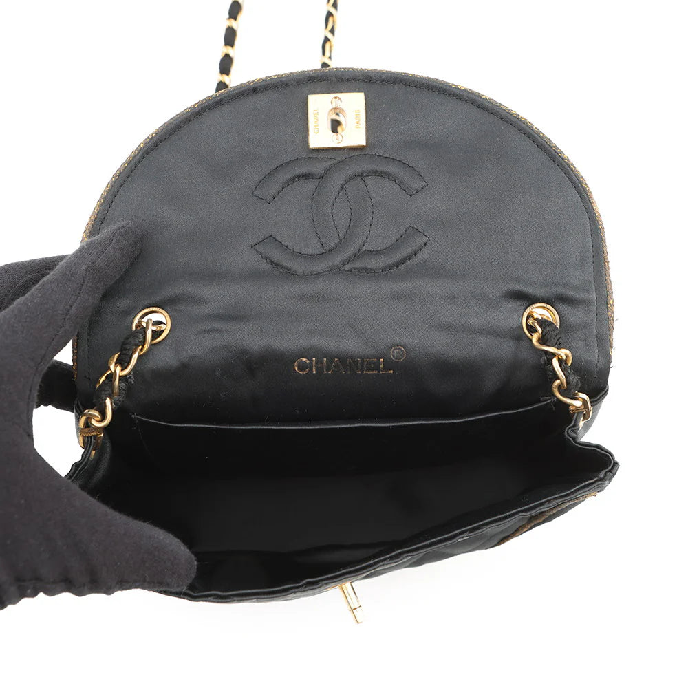 Chanel Black Quilted Satin Half Moon Flap Bag with Gold Trim