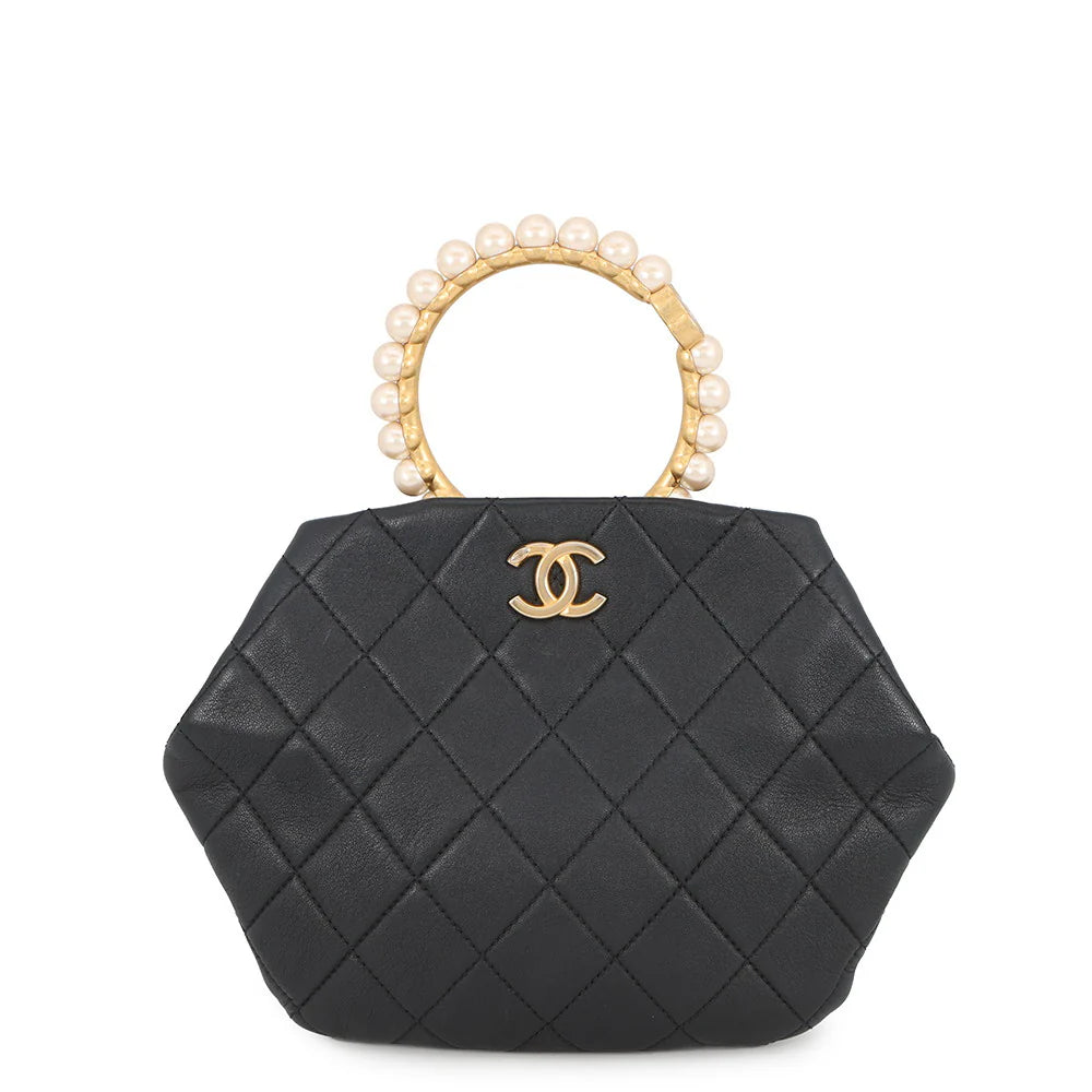 Chanel Black Quilted Hexagon Pearl Handle Bag