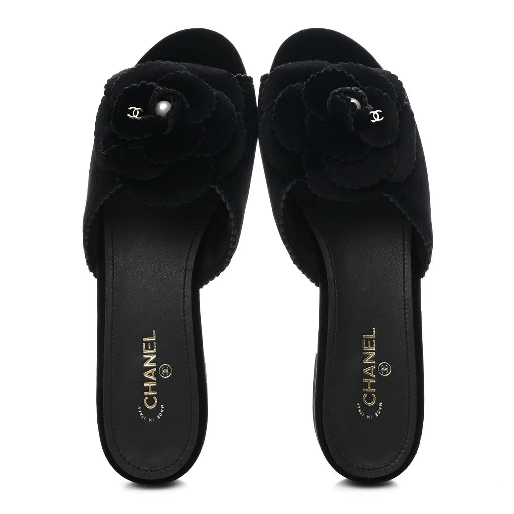 Chanel Black Velvet Camellia Slides
