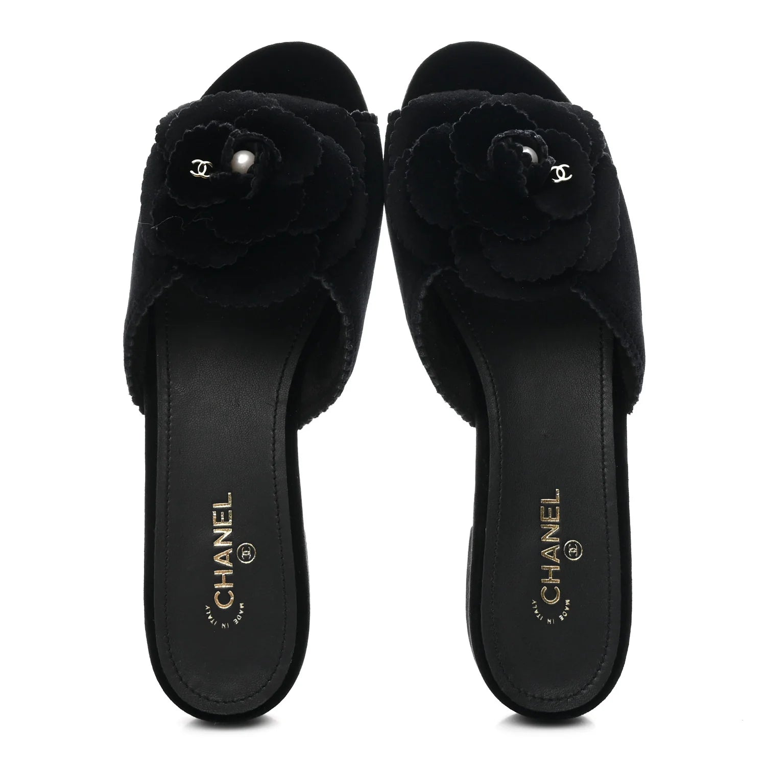 Chanel Black Velvet Camellia Slides