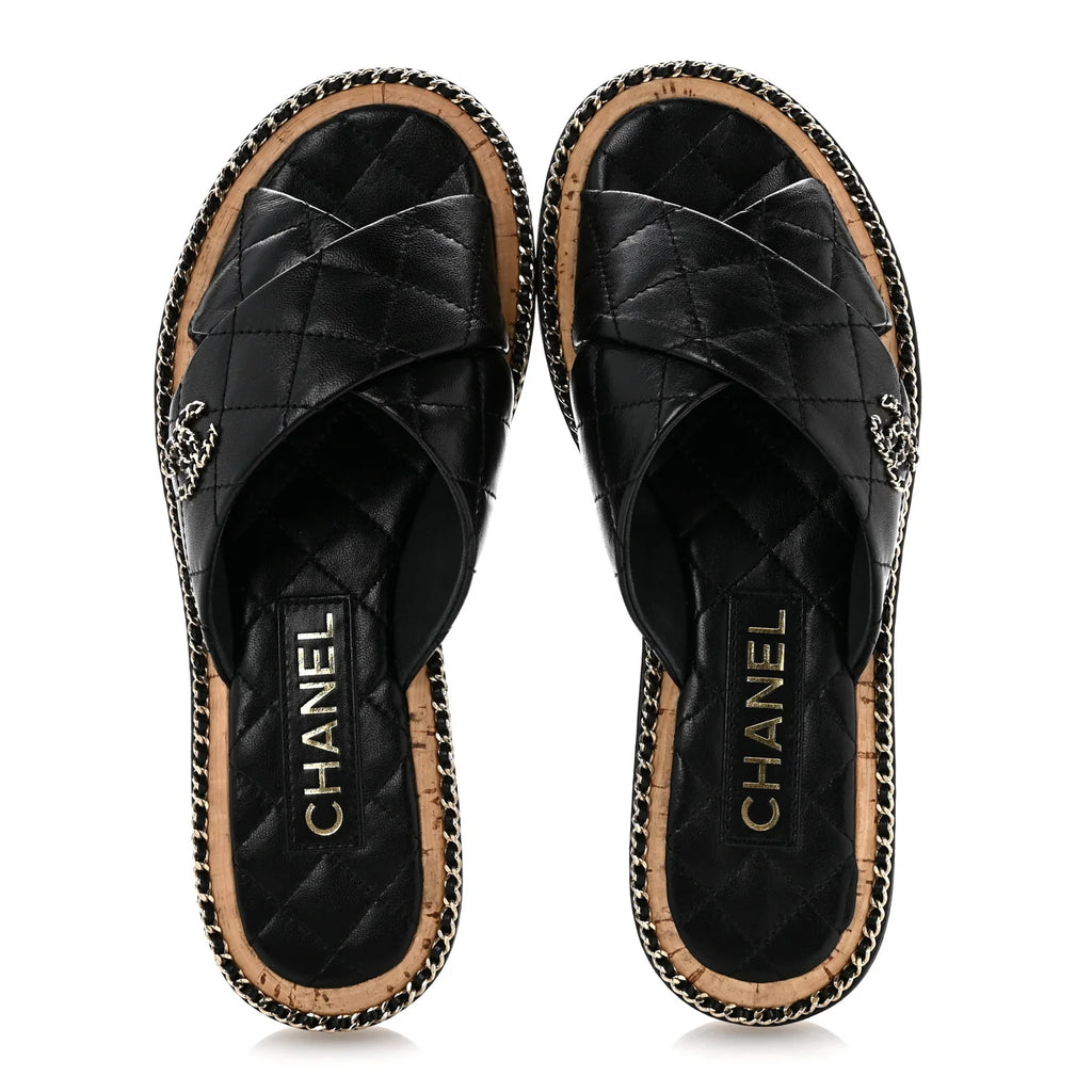 Chanel Black Quilted Leather Slides