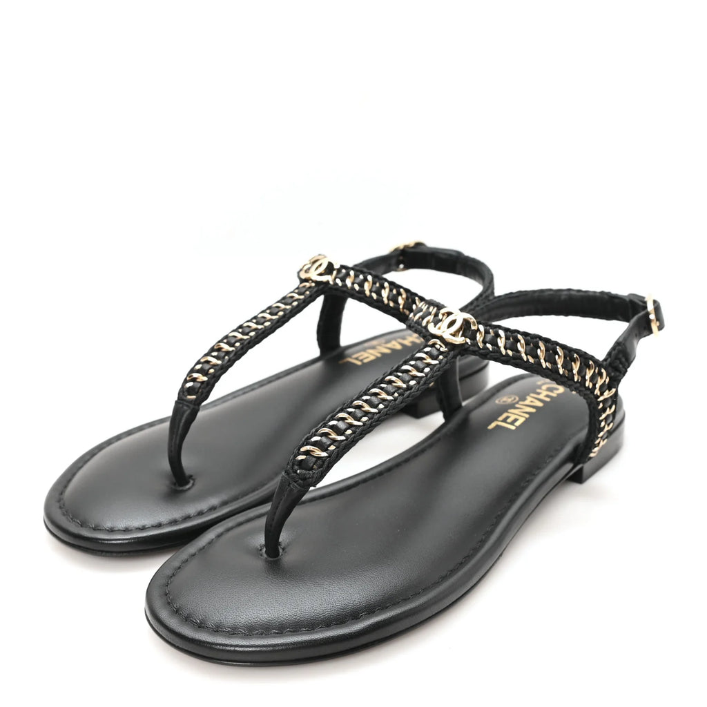 Chanel Black Leather Chain Sandals