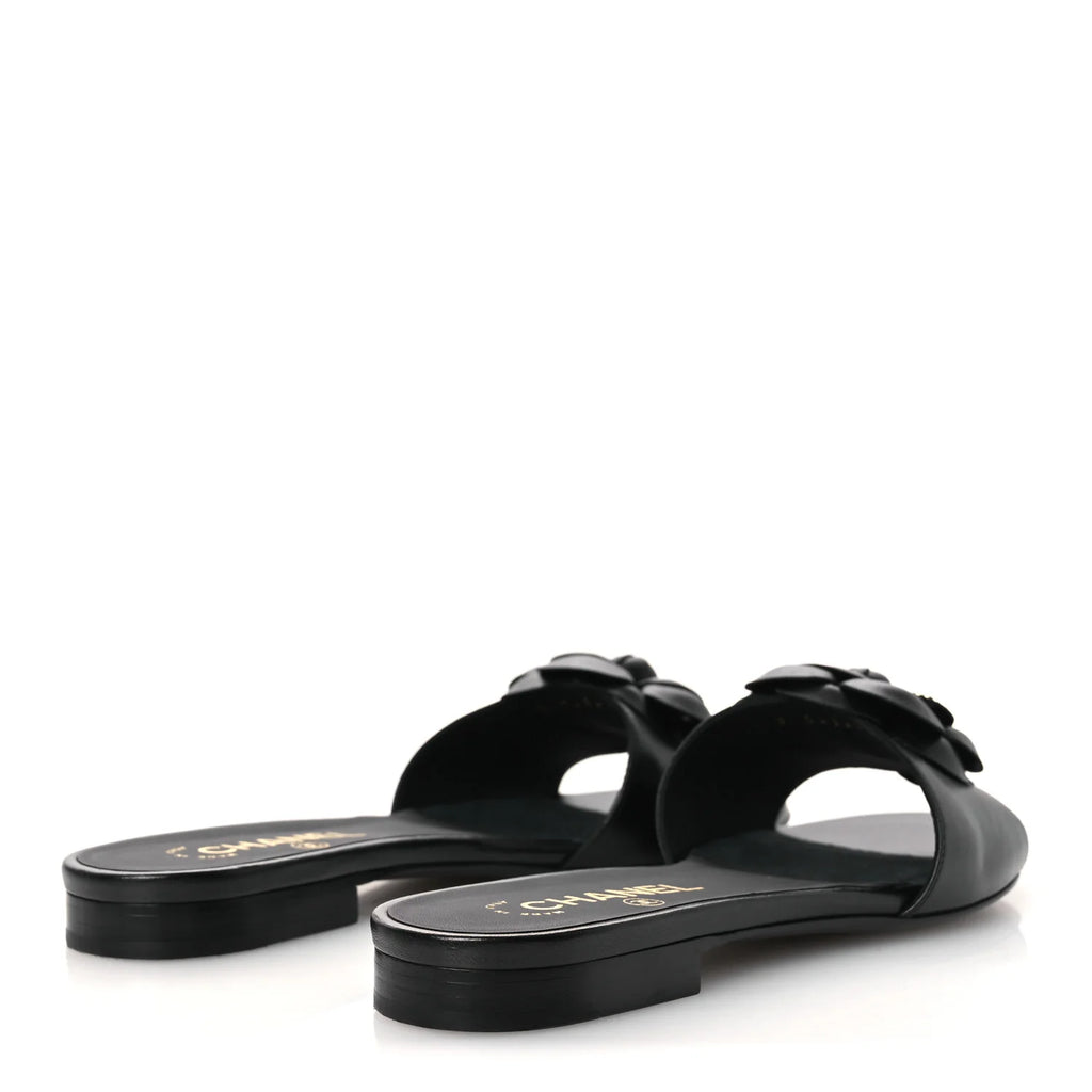 Chanel Black Leather Camellia Sandals