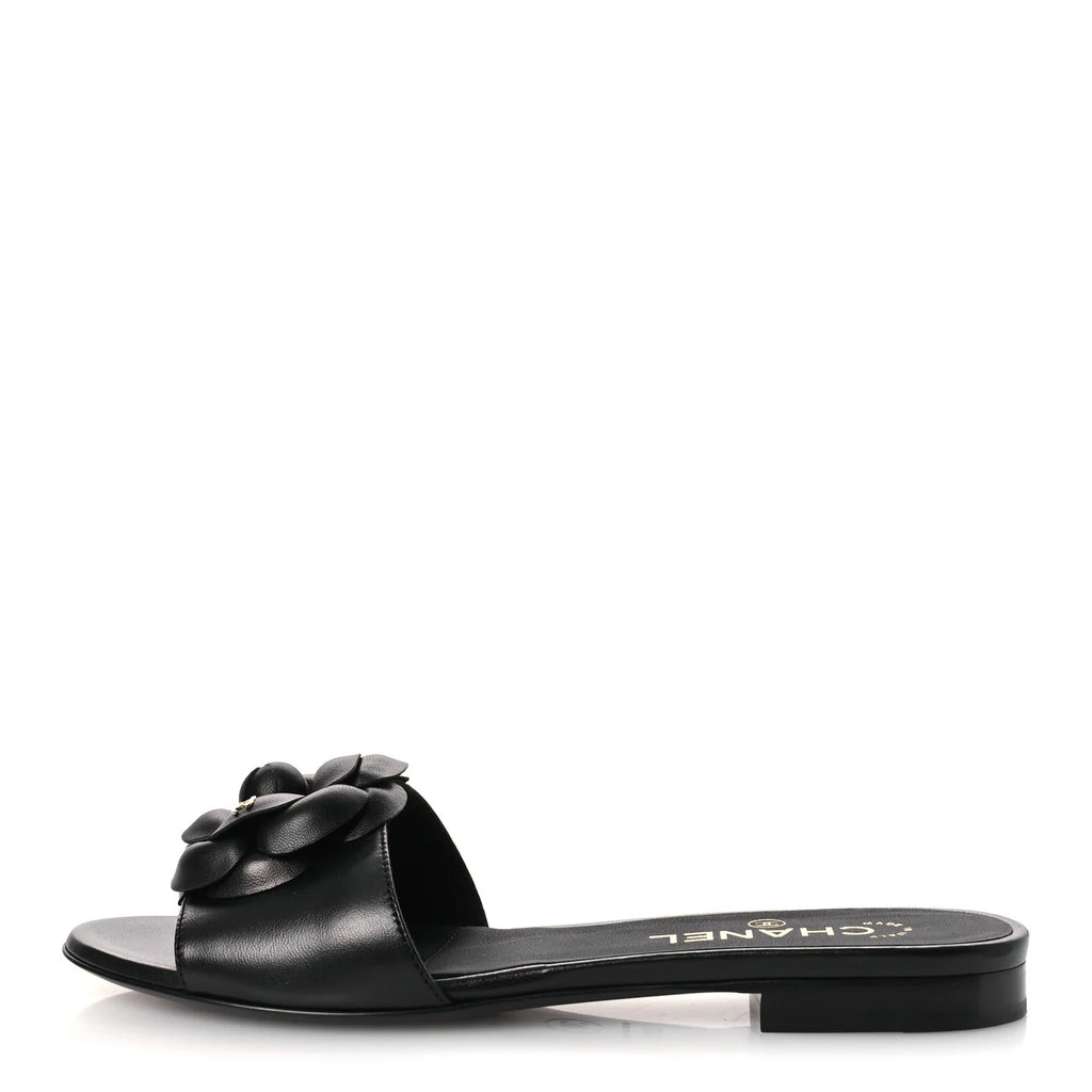 Chanel Black Leather Camellia Sandals