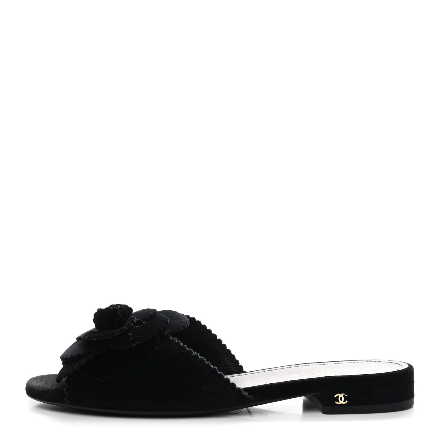 Chanel Black Velvet Camellia Slides
