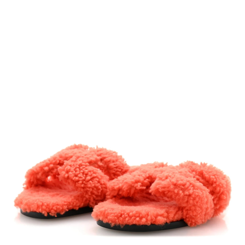 Hermes Orange Shearling Oran Sandals