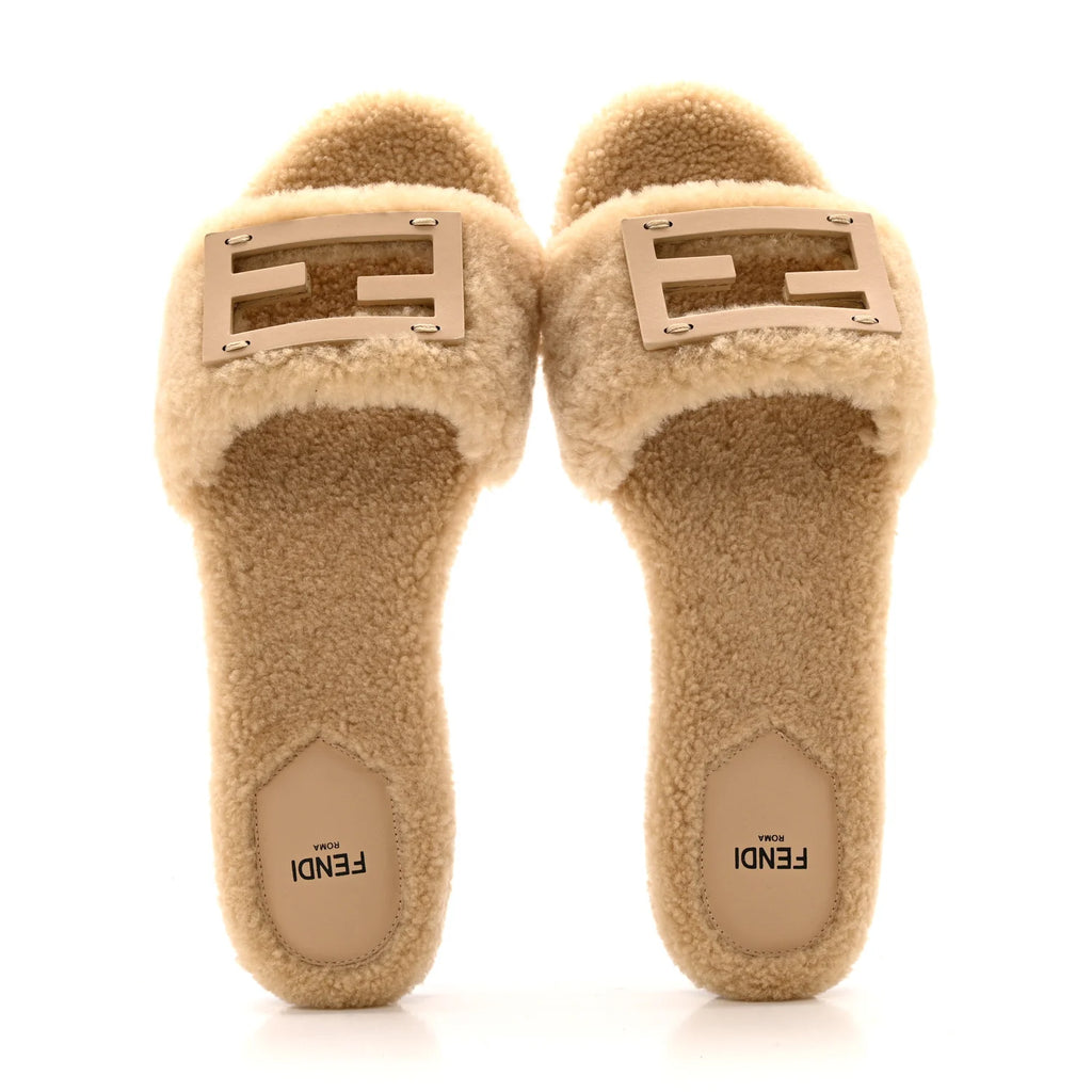 Fendi Beige Shearling Logo Slides