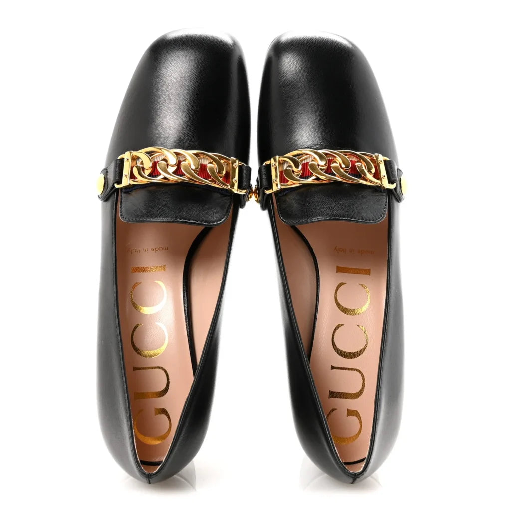 Gucci Black Leather Chain Loafers