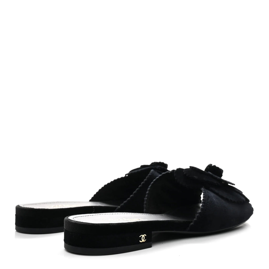 Chanel Black Velvet Camellia Slides