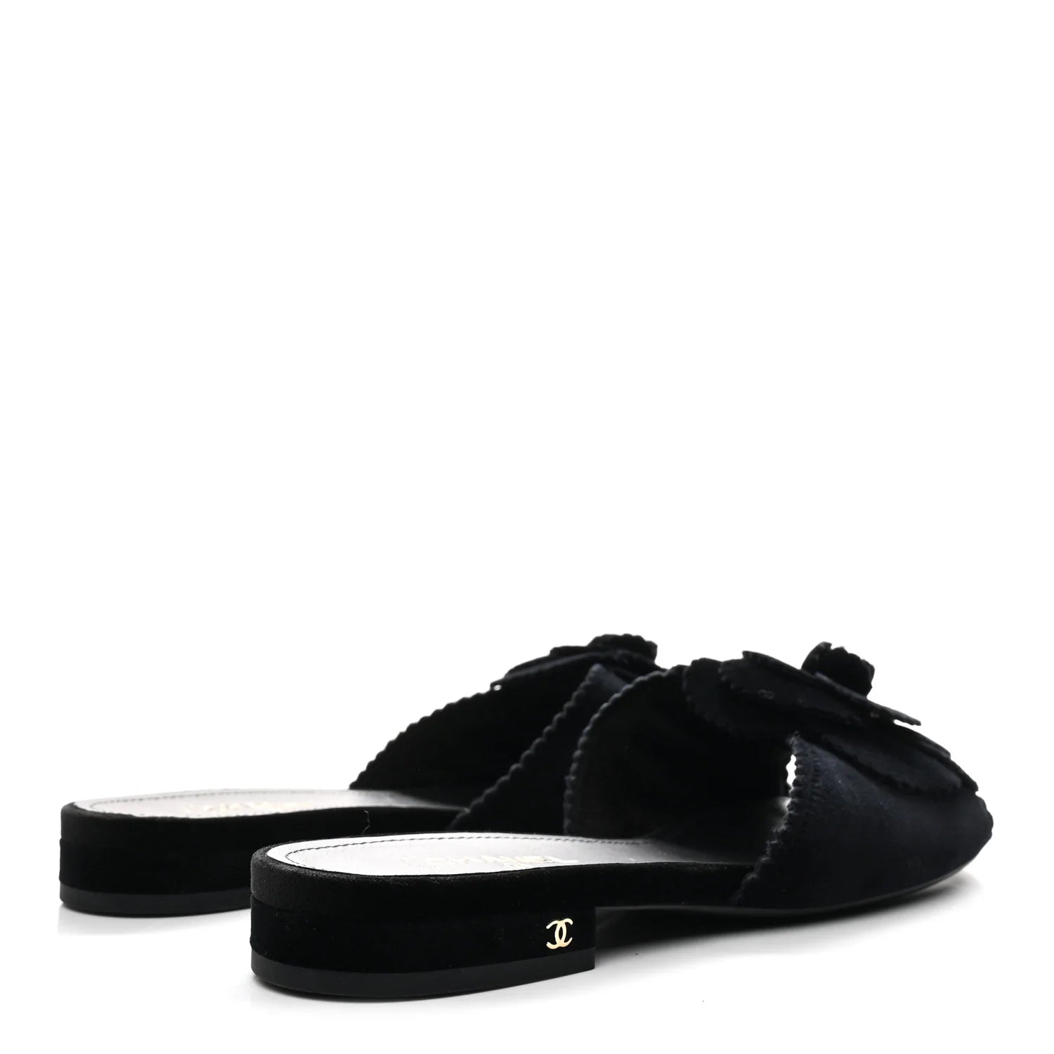 Chanel Black Velvet Camellia Slides