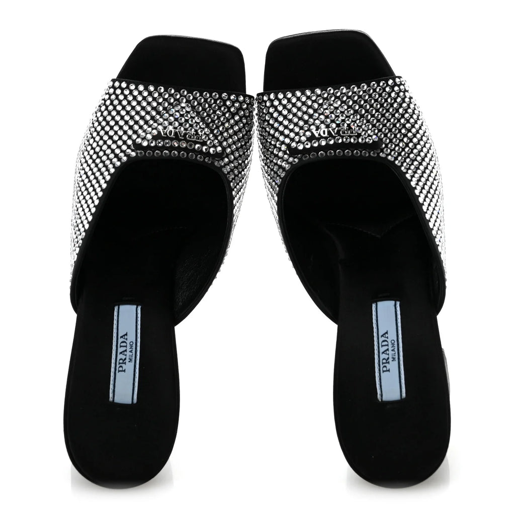 Prada Black Crystal Satin Mules
