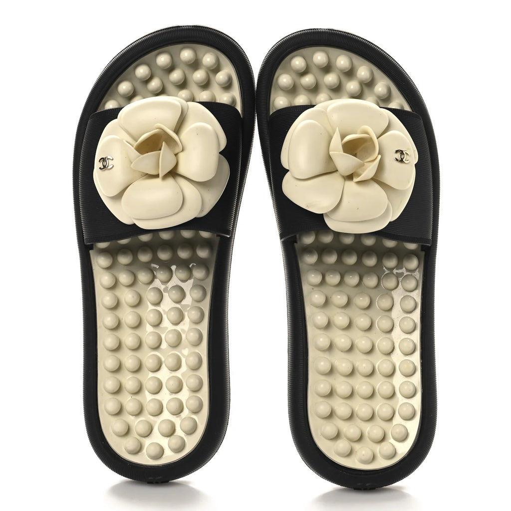 Chanel Black Camellia Flower Slides