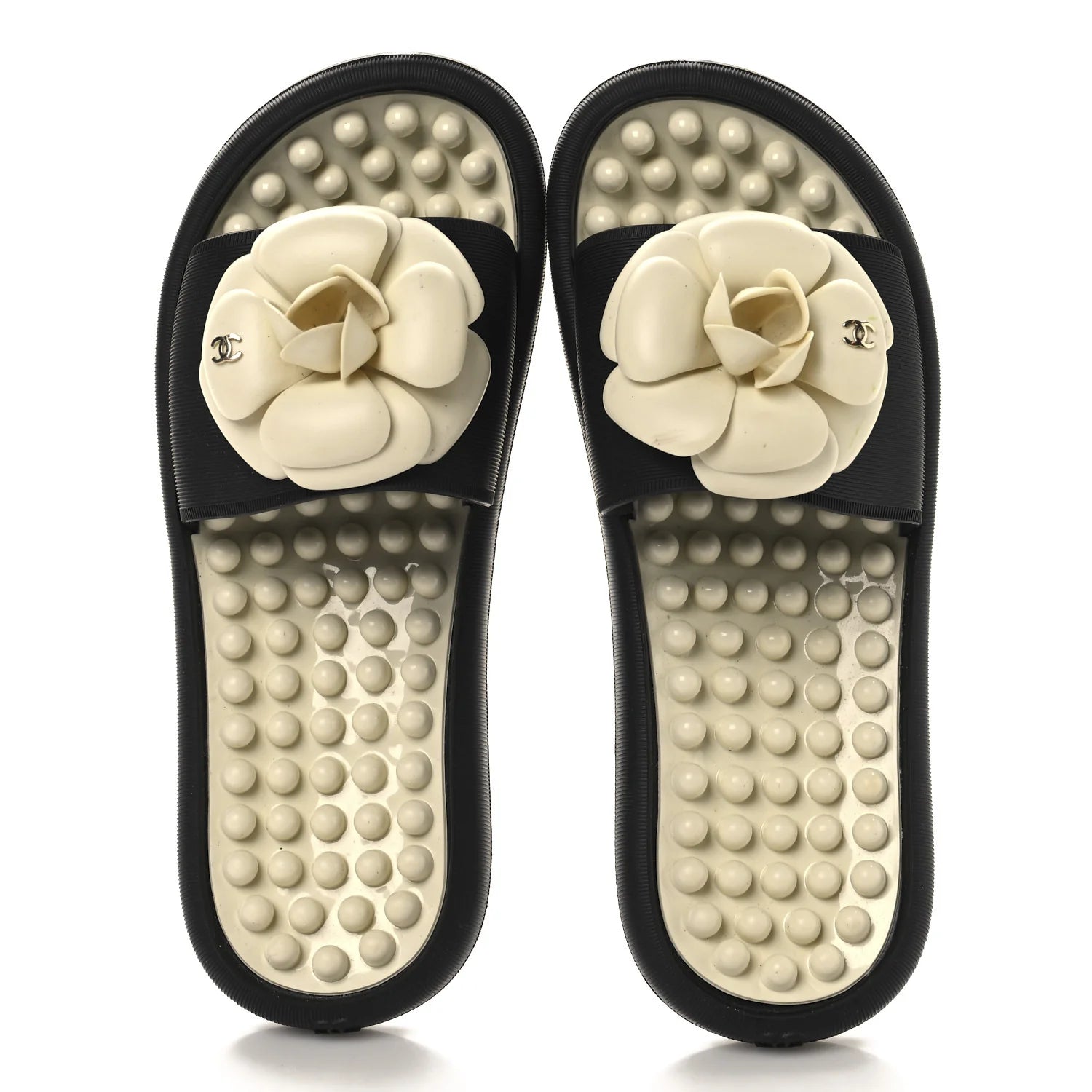 Chanel Black Camellia Flower Slides