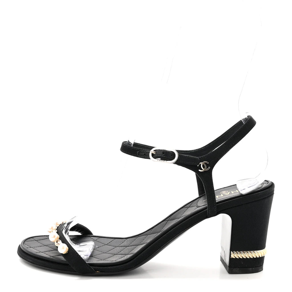 Chanel Black Grosgrain Pearl Sandals