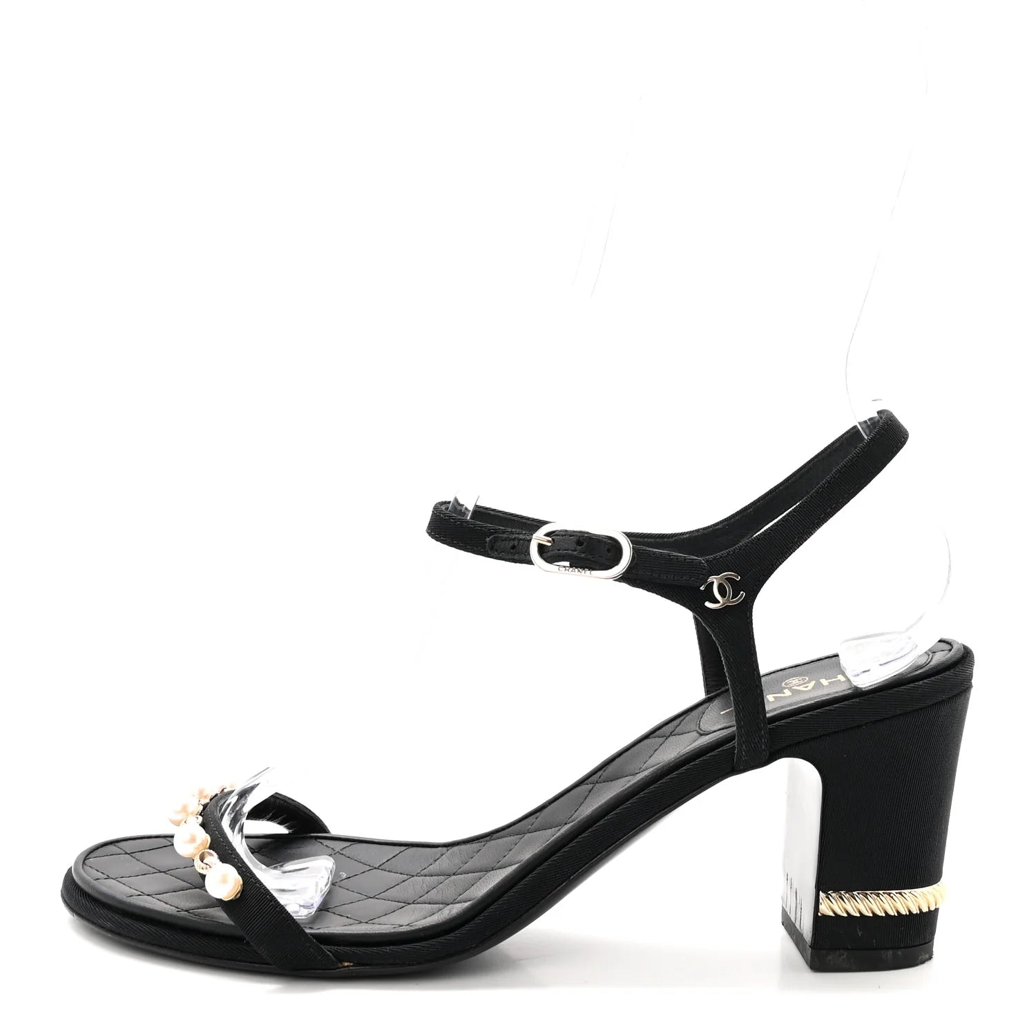 Chanel Black Grosgrain Pearl Sandals