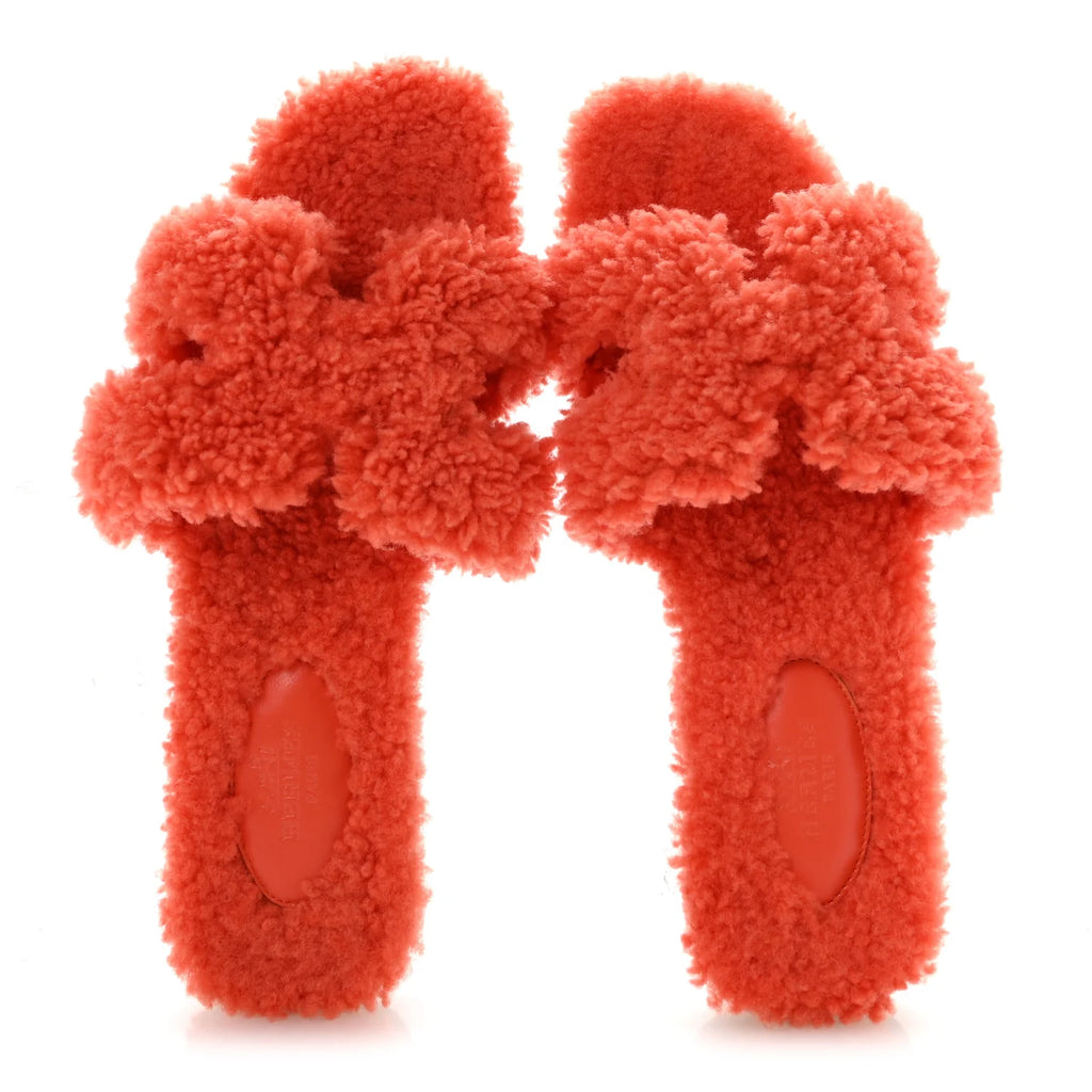 Hermes Orange Shearling Oran Sandals