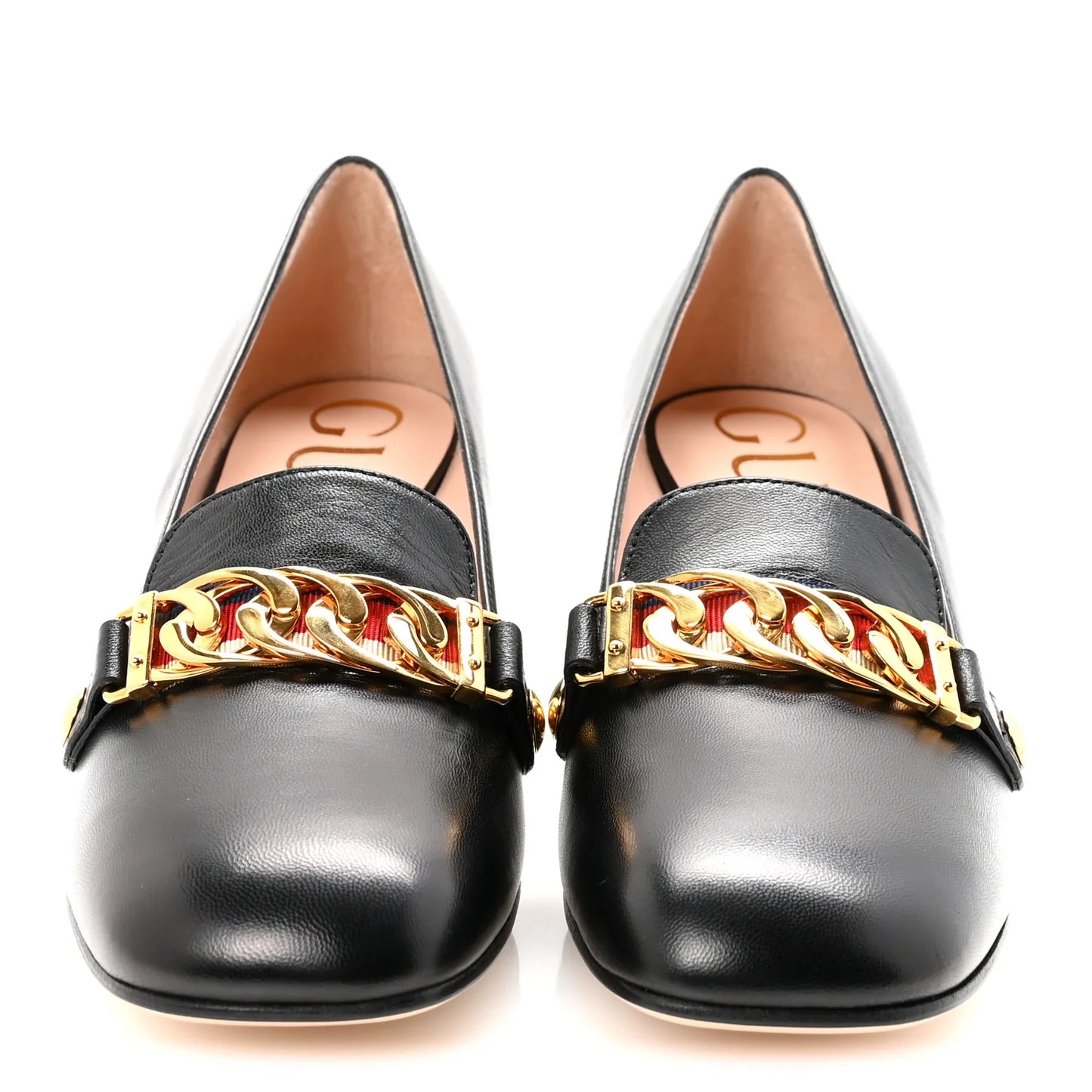 Gucci Black Leather Chain Loafers