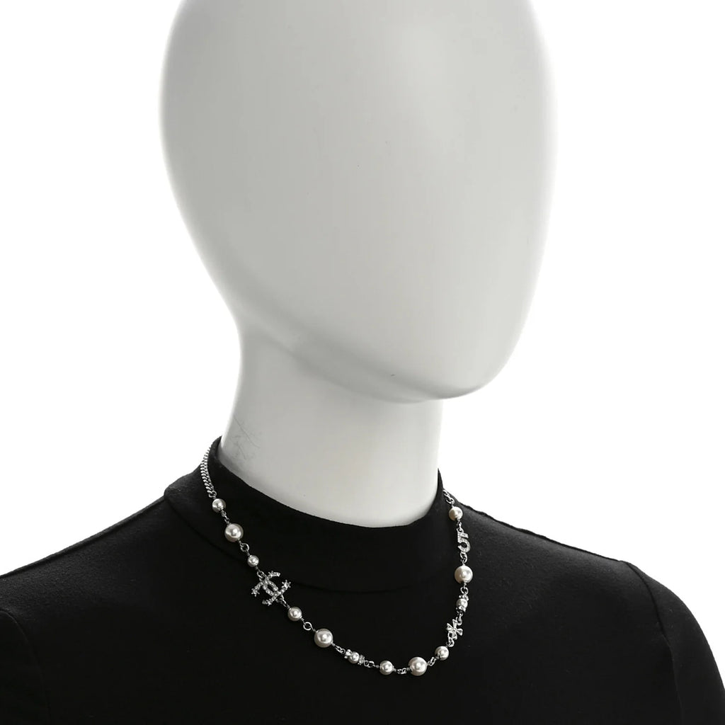 Chanel Silver Pearl Crystal Necklace