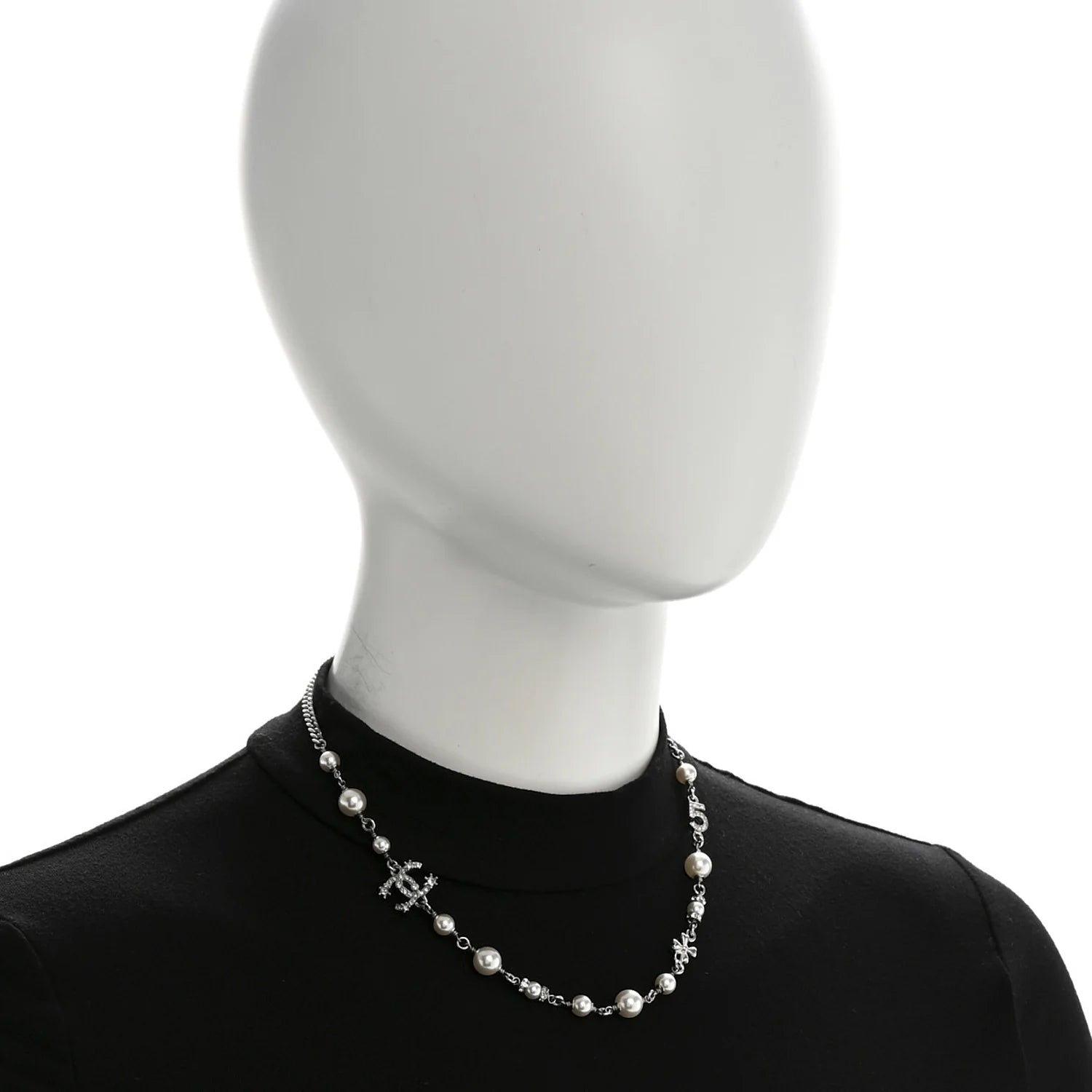 Chanel Silver Pearl Crystal Necklace