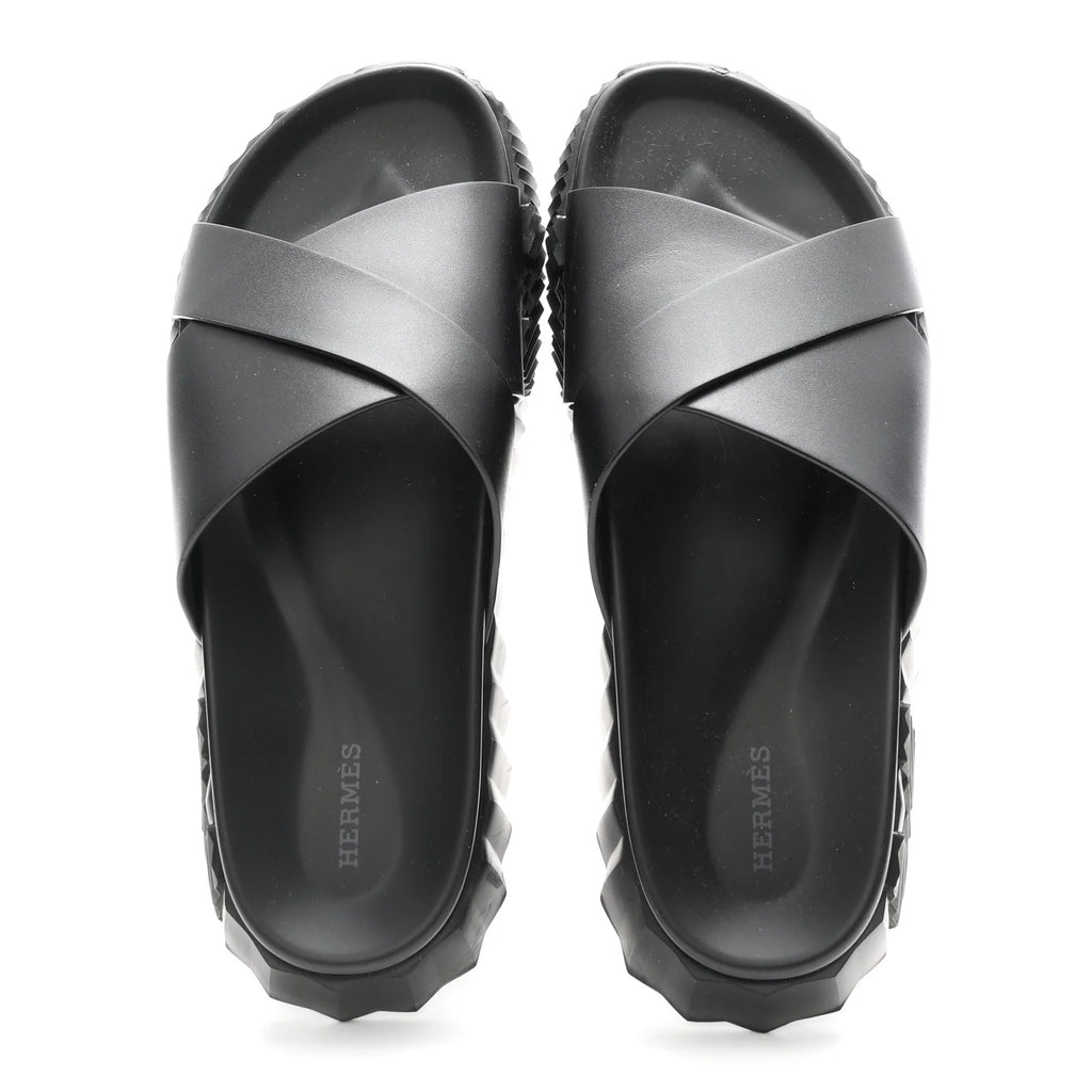 Hermes Black Leather Go Sandals