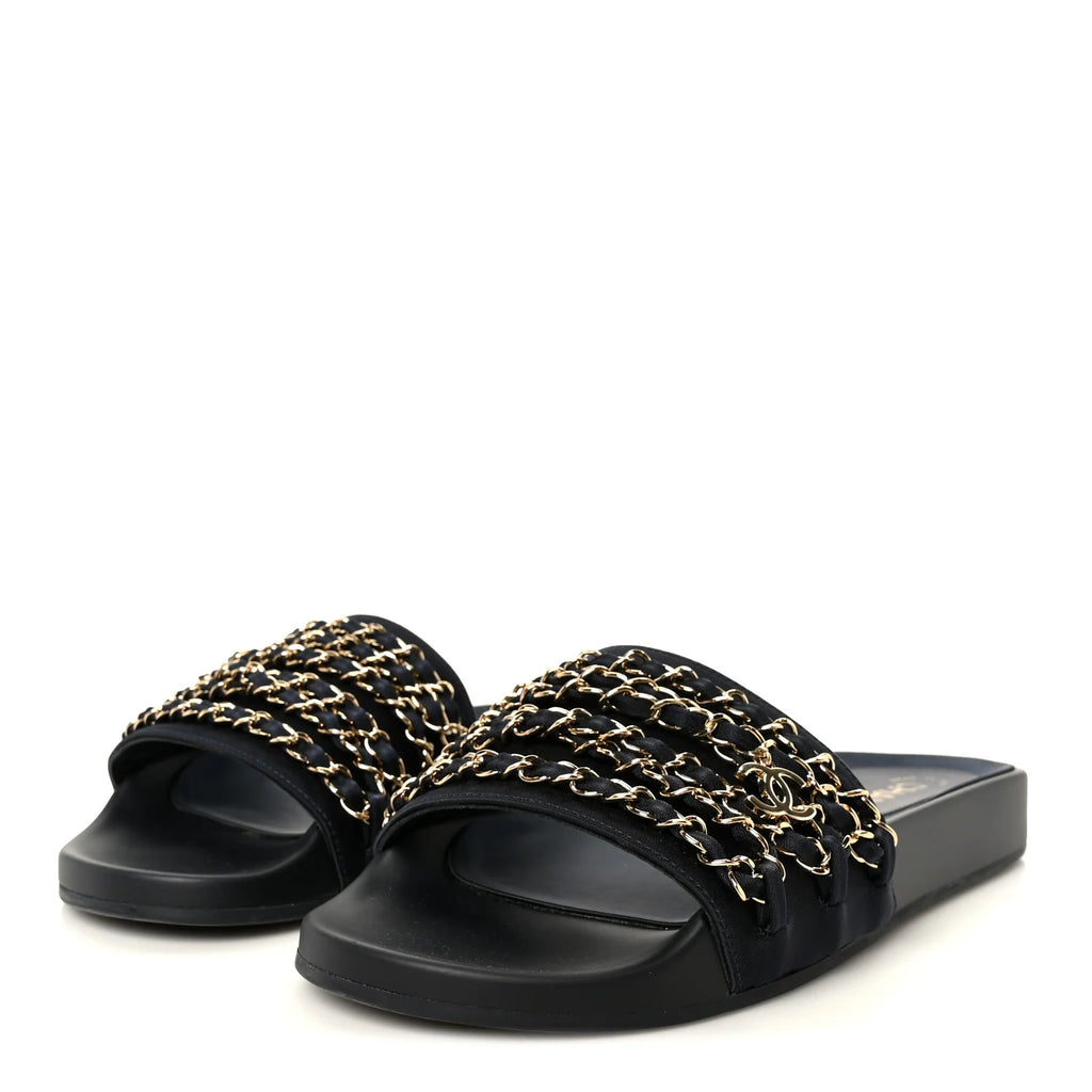 Chanel Black Fabric Chain Slides