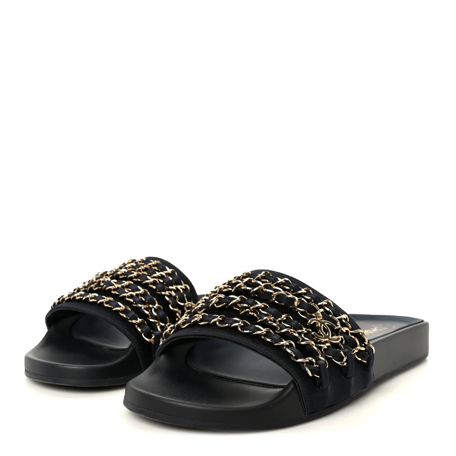 Chanel Black Fabric Chain Slides