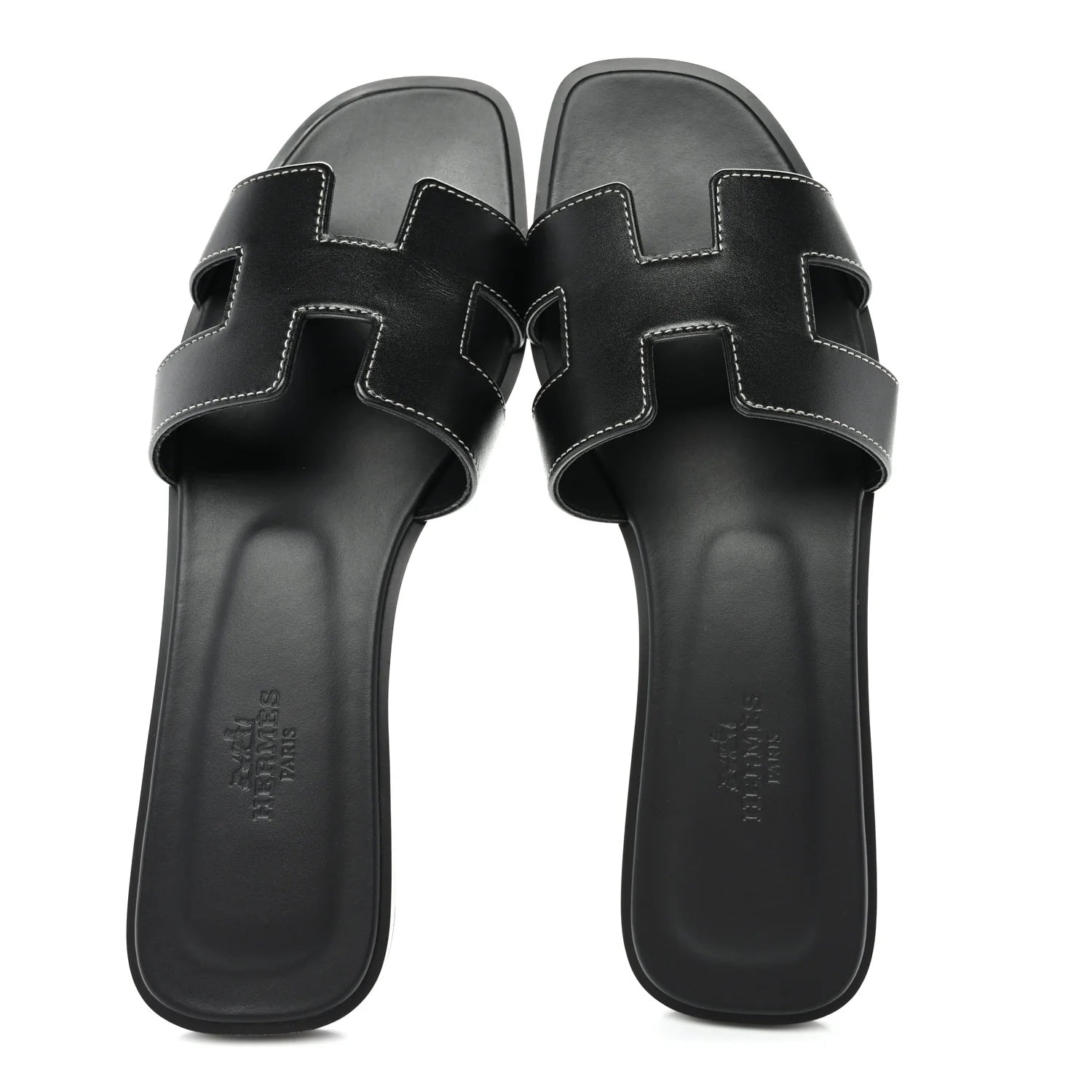 Hermes Black Leather Oran Sandals
