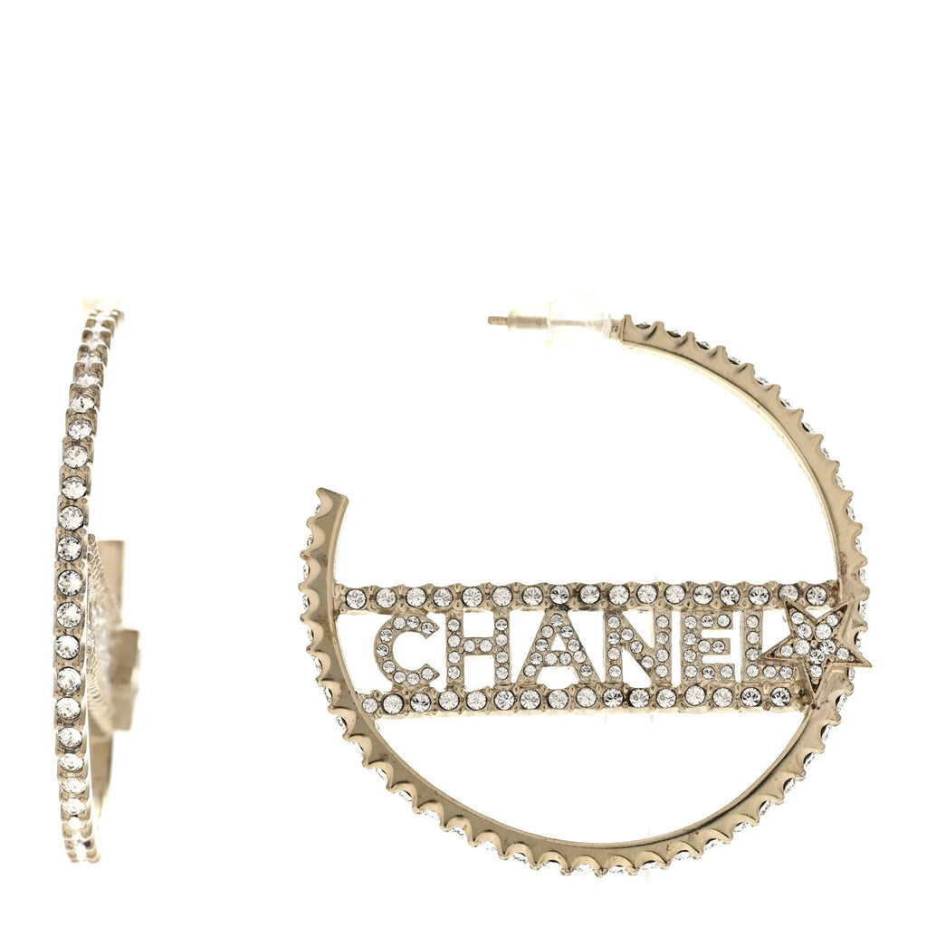 Chanel Gold Crystal Logo Hoops