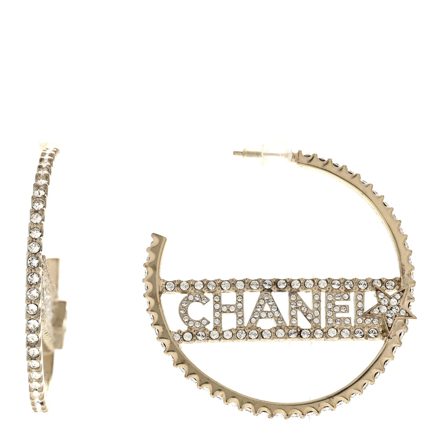 Chanel Gold Crystal Logo Hoops