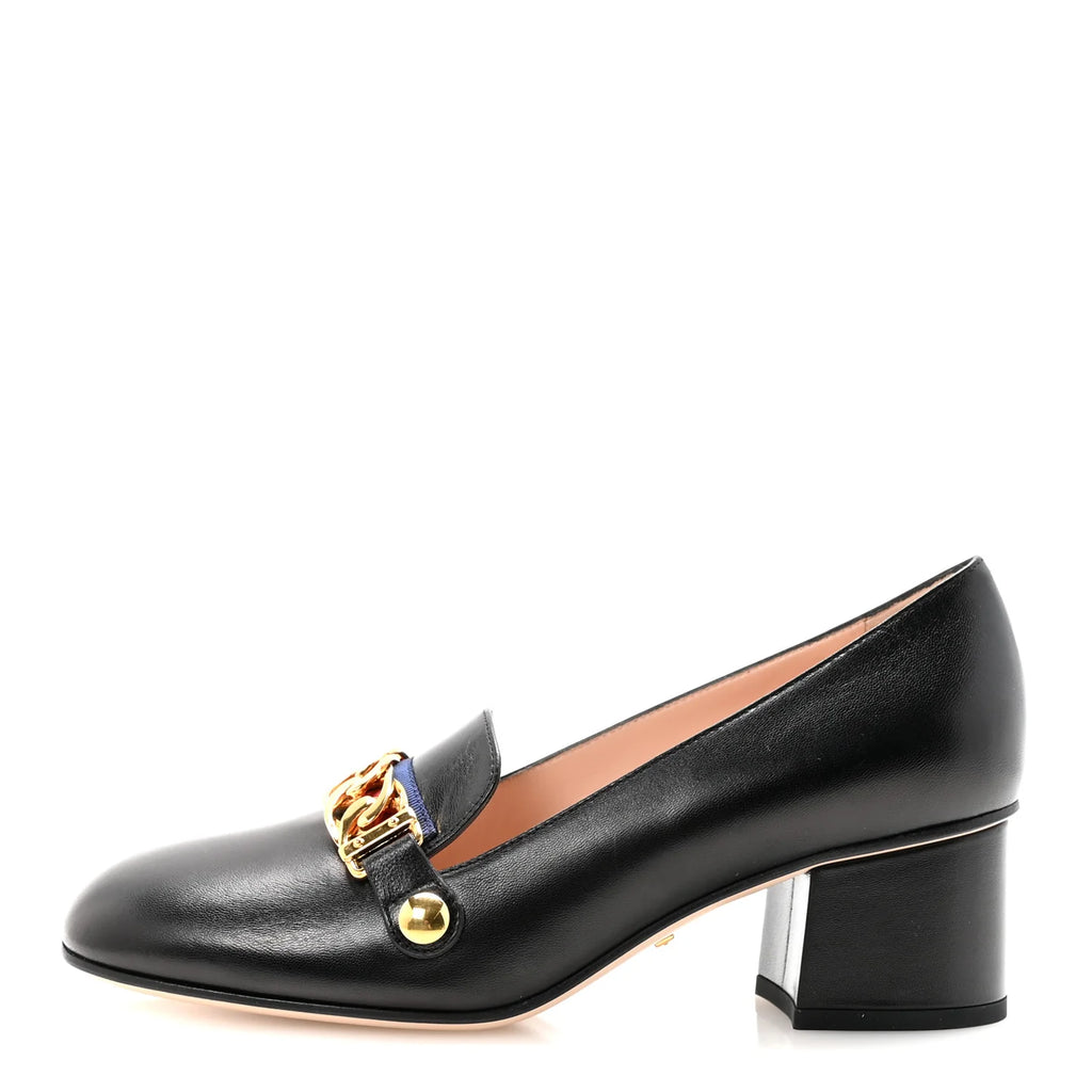 Gucci Black Leather Chain Loafers