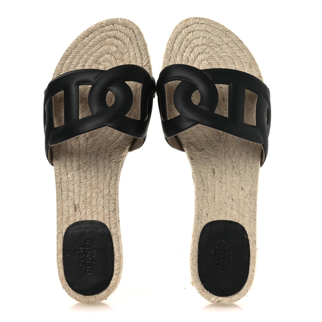 Hermes Black Antigua Espadrille Slides