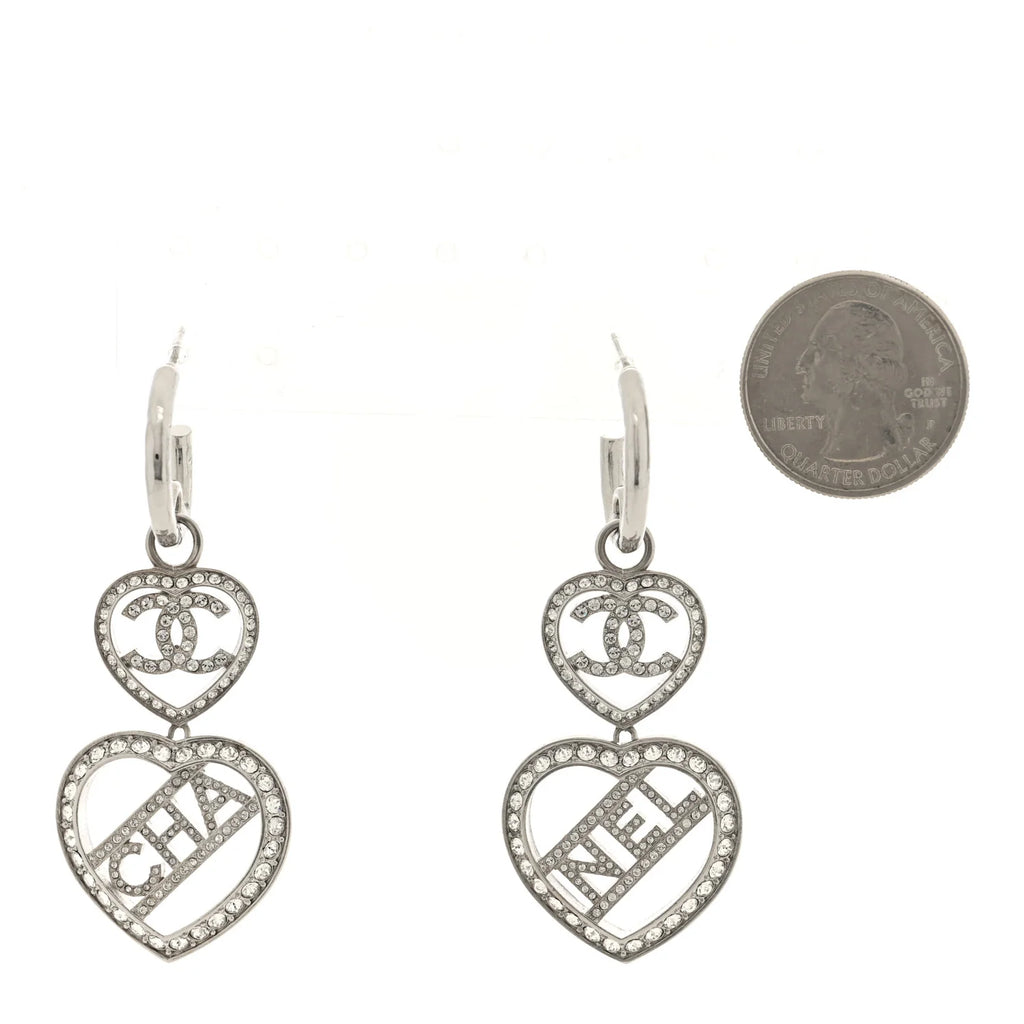 Chanel Silver Crystal Heart Earrings