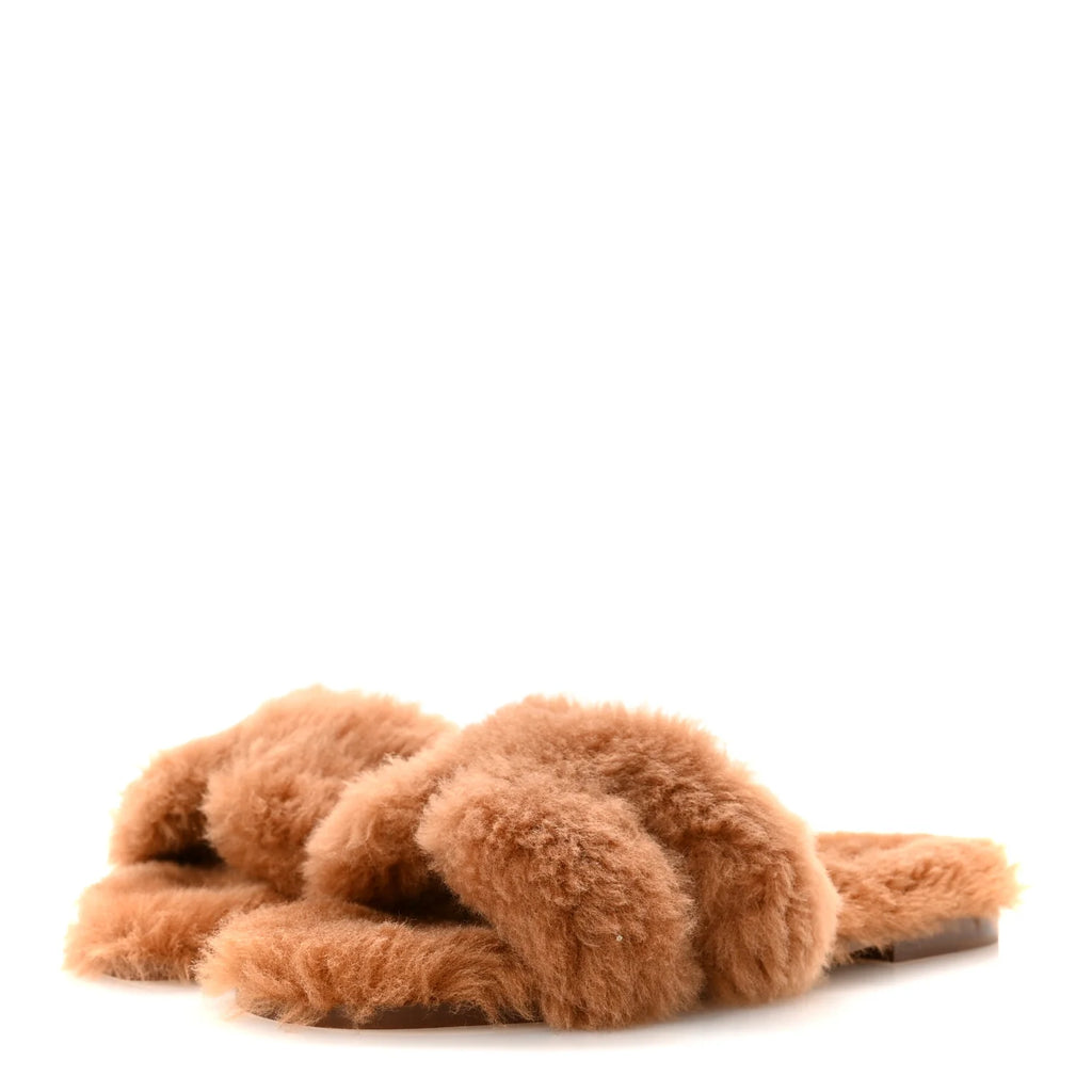 Hermes Tan Shearling Oran Sandals