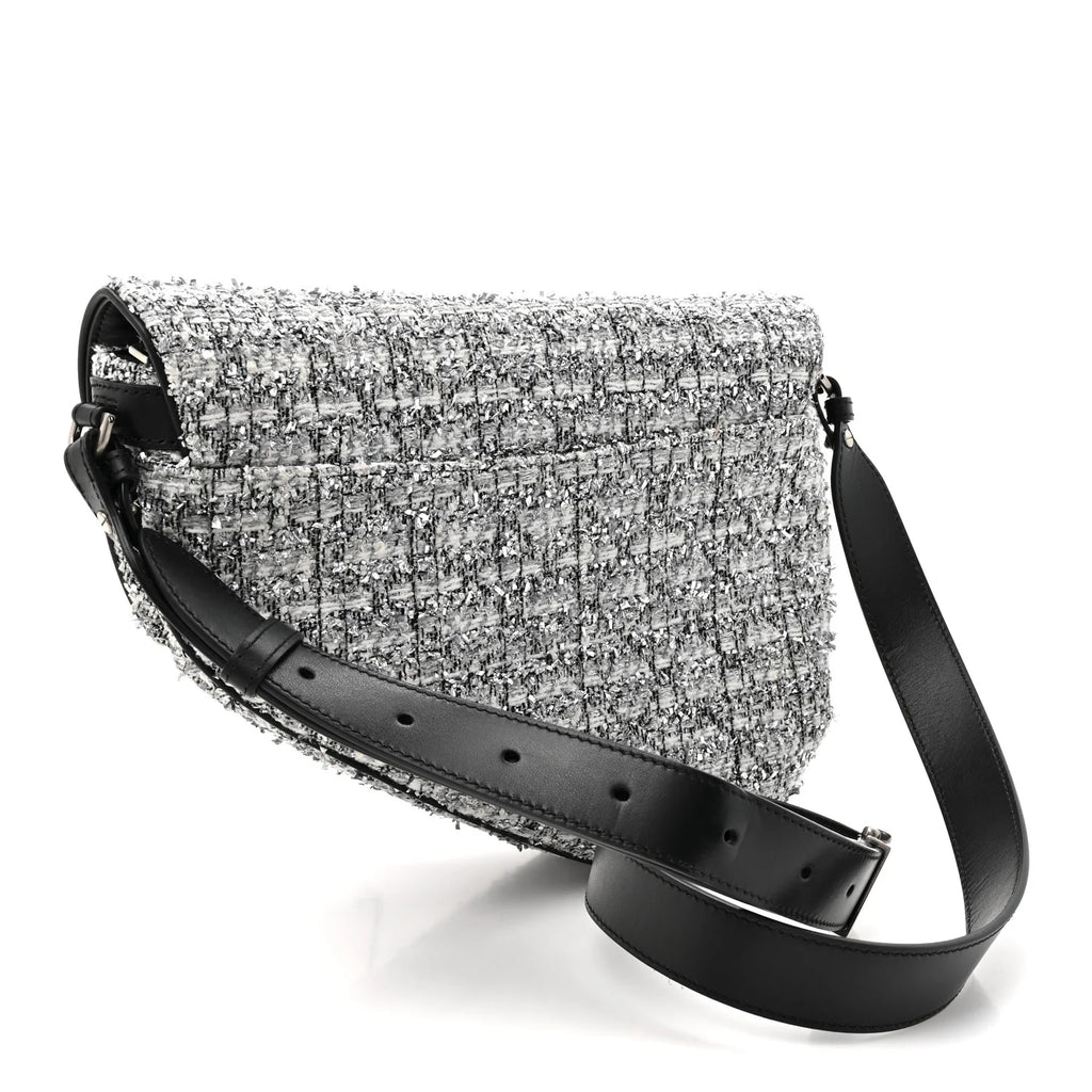 Dior Metallic Silver Tweed Saddle