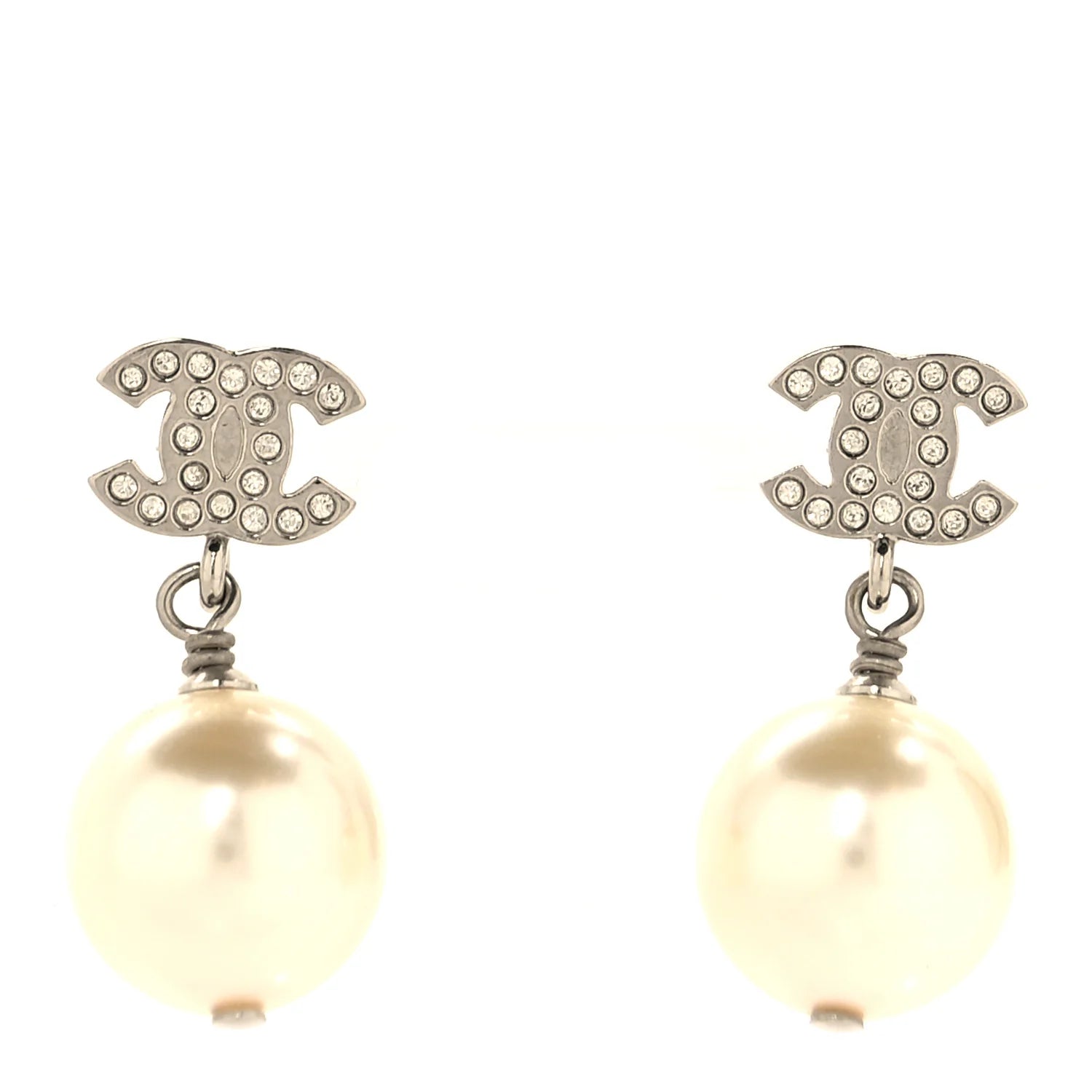 Chanel Silver Crystal Pearl Earrings